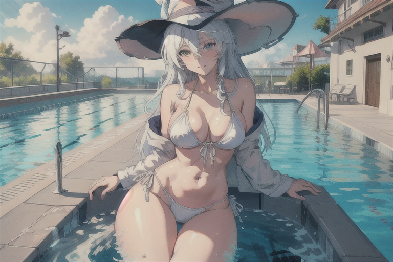 ai_generated big_breasts bikini elaina_(majo_no_tabitabi) grey_eyes majo_no_tabitabi mature_female partially_nude pool water white_hair wizard_hat