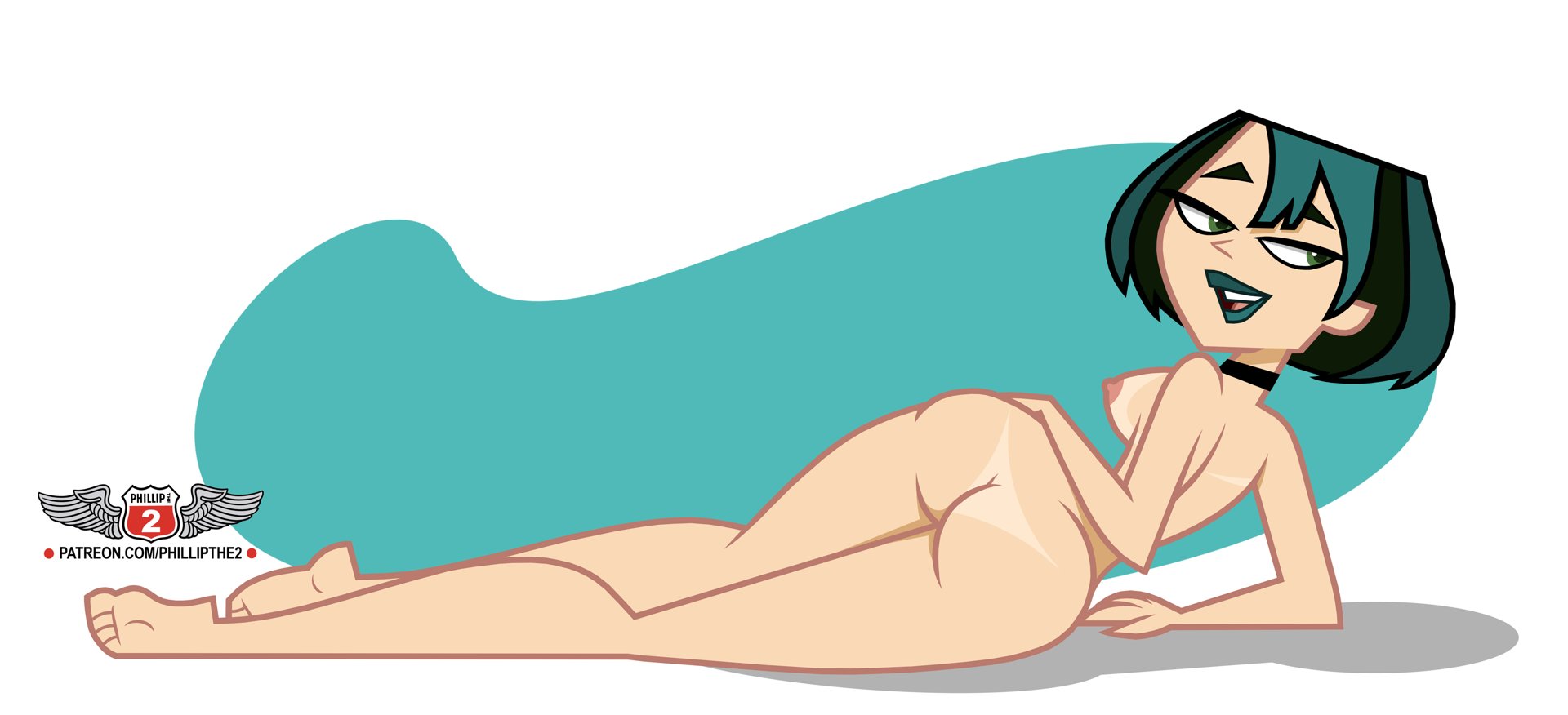 1girls, ass, ass focus, barefoot, blue background, breasts, cartoon network, feet, female, female focus, female only, green eyes, gwen (tdi), lying on side, nipples, nude, nude female, phillipthe2, short hair, solo, solo female, solo only, thighs, total drama island, two-tone hair, white background