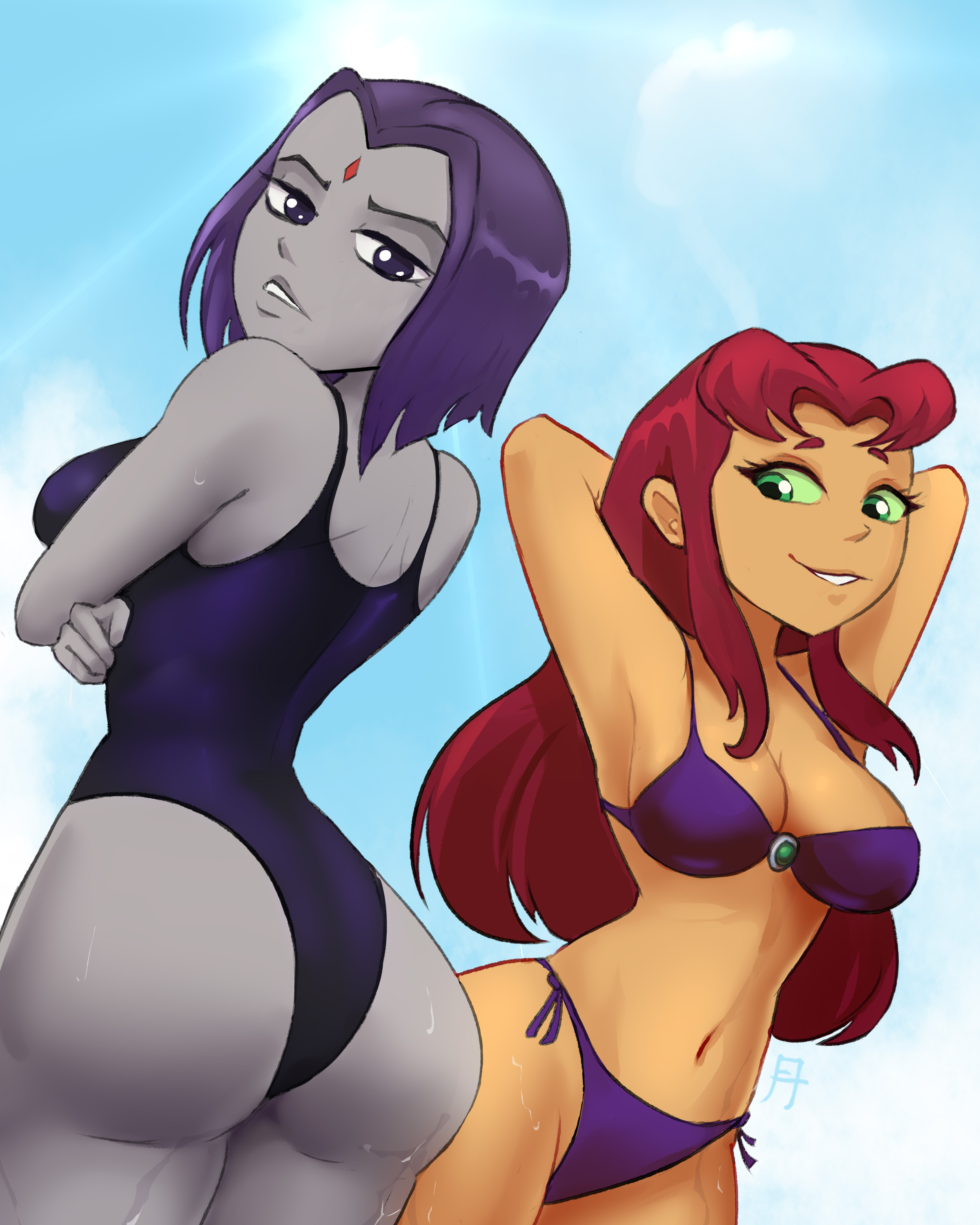 2023, 2girls, alex toons, armpits, arms behind head, arms under breasts, arms up, ass, back, back view, belly button, big ass, bikini, bikini bottom, bikini top, breasts, cleavage, clothed, clothed female, clothes, clothing, cloud, cowboy shot, crossed arms, dc, dc comics, duo, eyelashes, female, female only, female/female, forehead jewel, from behind, front view, fully clothed, green eyes, green sclera, grin, hair, hi res, human, humanoid, koriand'r, large ass, legs together, lesbian, light skin, light-skinned female, long hair, looking at ass, looking at partner, looking at viewer, looking back, looking back at viewer, medium breasts, medium hair, multiple females, multiple girls, navel, one-piece swimsuit, outdoors, pose, posing, purple bikini, purple eyes, purple hair, purple swimsuit, raven (dc), rear view, red hair, redhead, side-tie bikini, signature, smile, smiling, standing, starfire, stomach, swimsuit, tan body, tan skin, tan-skinned female, teen titans, teeth, thighs, wet body, wet skin, wide hips