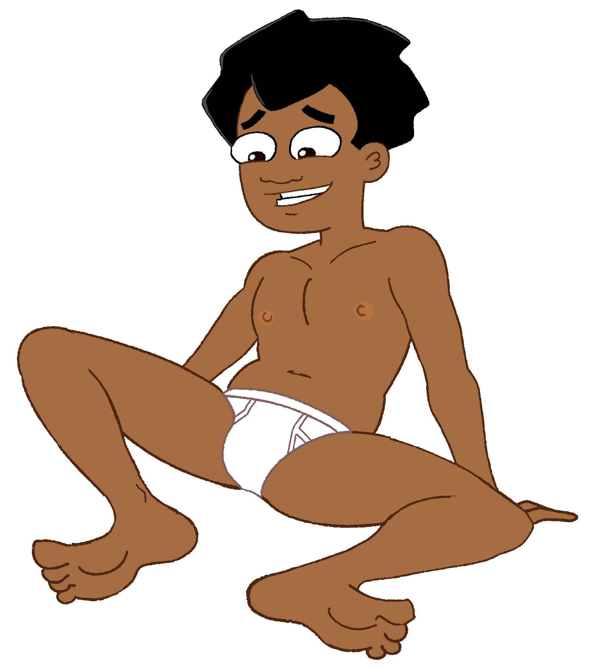 briefs briefs_only bulge dark-skinned_male legs_open legs_spread male_only sitting smiling smooth_skinned_male solo_male tighty_whities underwear white_underwear zack_underwood