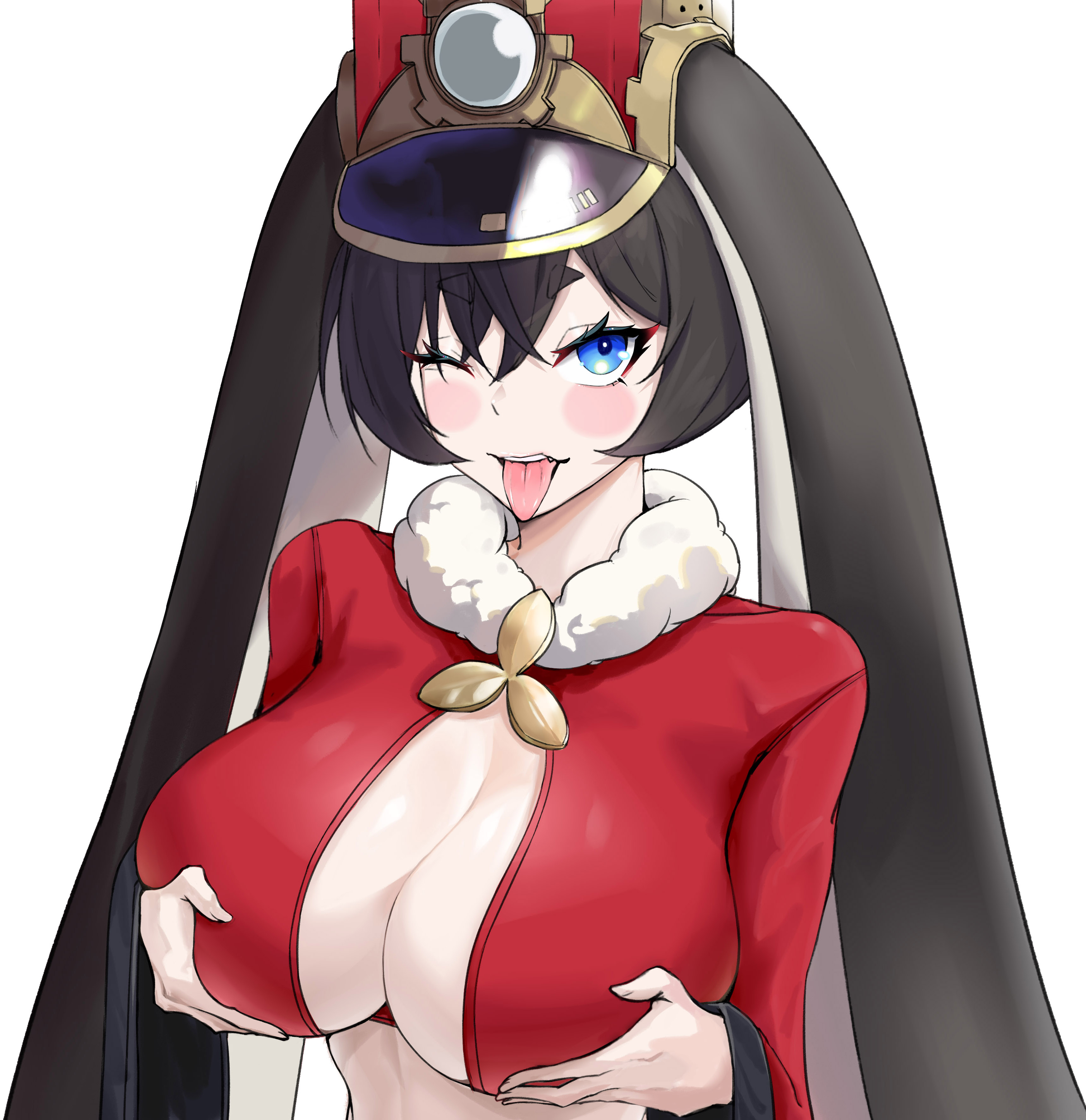 :p, 1girls, absurdres, blue eyes, blush, breast hold, breasts, center opening, cleavage, crossed bangs, dot nose, female, fur trim, hair between eyes, hat, highres, honkai (series), honkai: star rail, huge breasts, humanized, long sleeves, looking at viewer, open mouth, pale skin, personification, pom-pom (honkai: star rail), red sleeves, sagging breasts, simple background, smile, solo, teeth, thick eyebrows, tongue, tongue out, upper body, white background, wink, xi longlong
