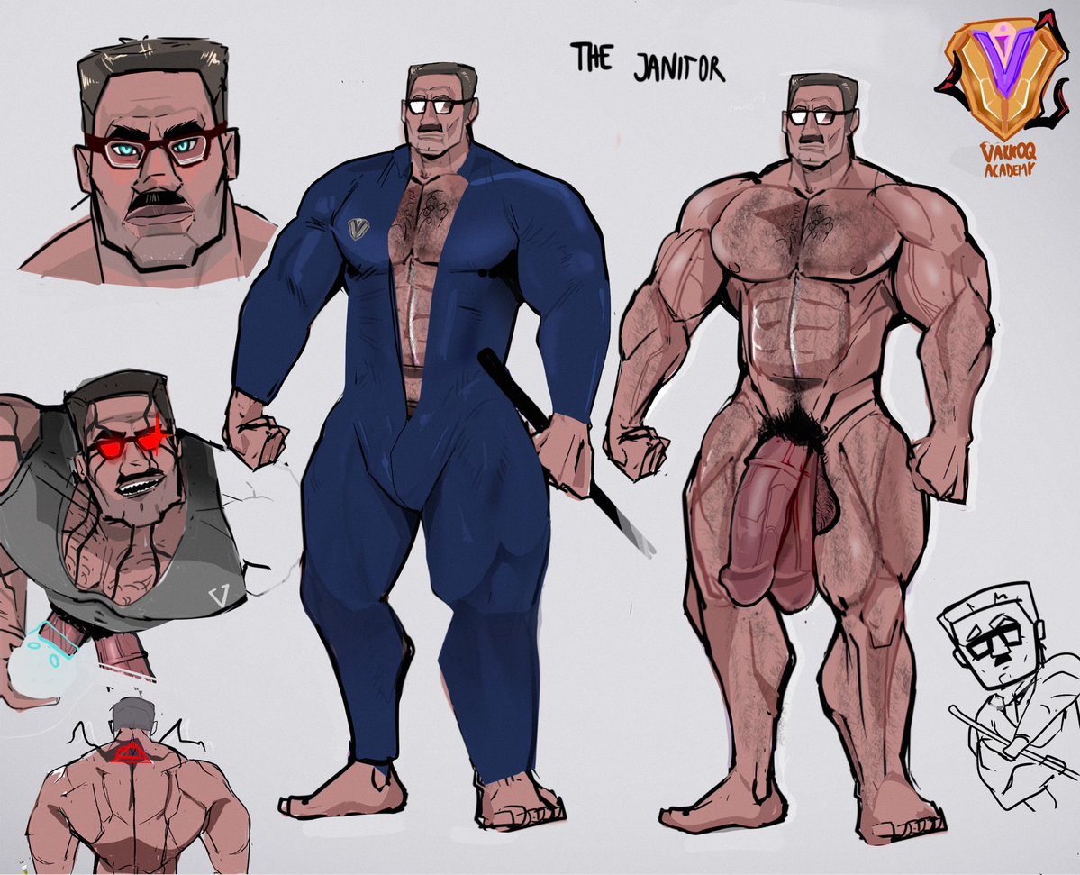 2_penises diphallia diphallism glasses hairy_male huge_cock janitor multi_penis muscular muscular_male original_character original_characters penis solo suit vakkoq