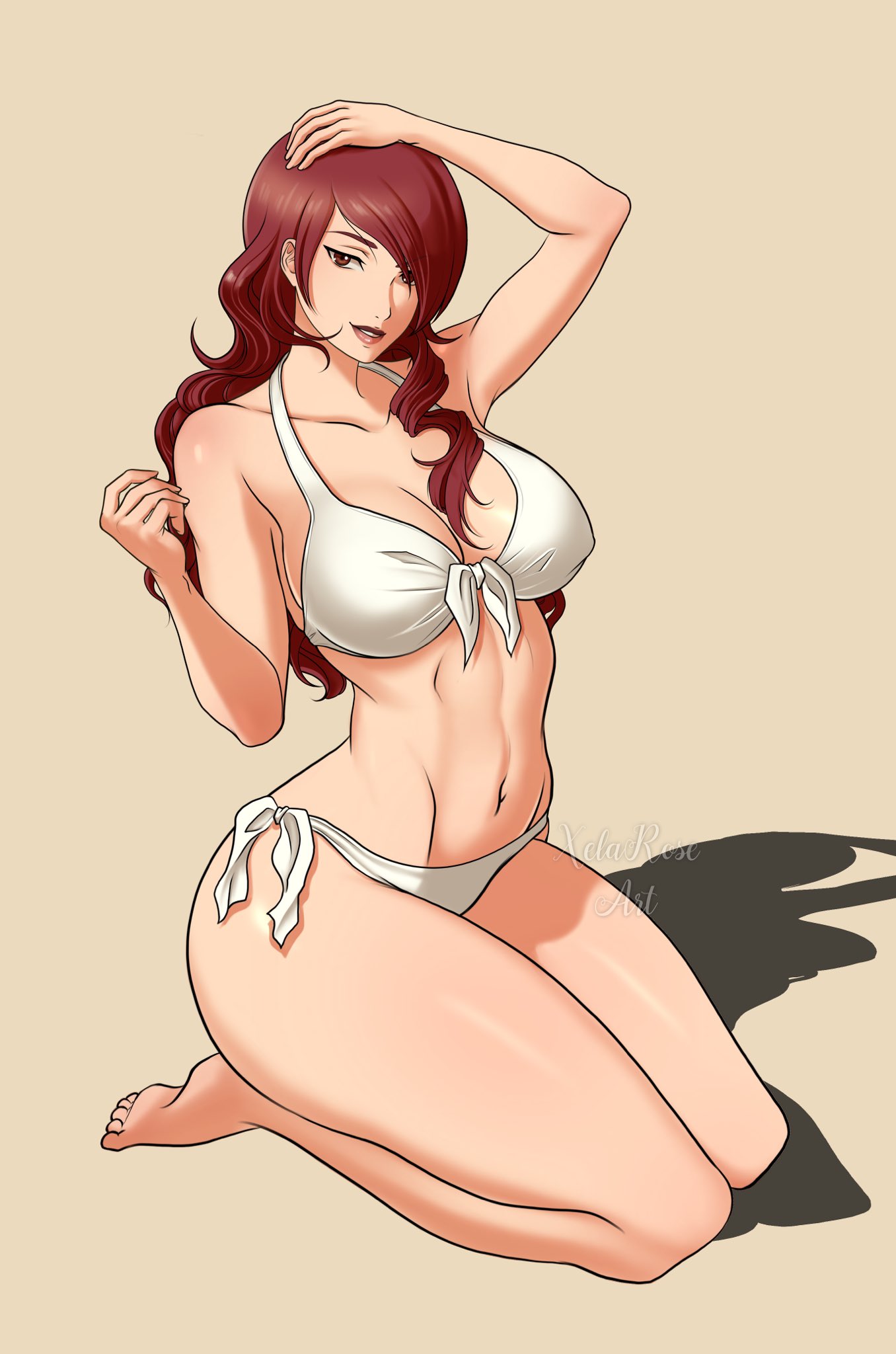artist name, atlus, bikini, bikini bottom, bikini top, breasts, female, female only, front-tie bikini, lipstick, megami tensei, mitsuru kirijo, persona, persona 3, red eyes, red hair, shadow, shiny skin, solo, solo female, thick thighs, thighs, white bikini, xelaroseart