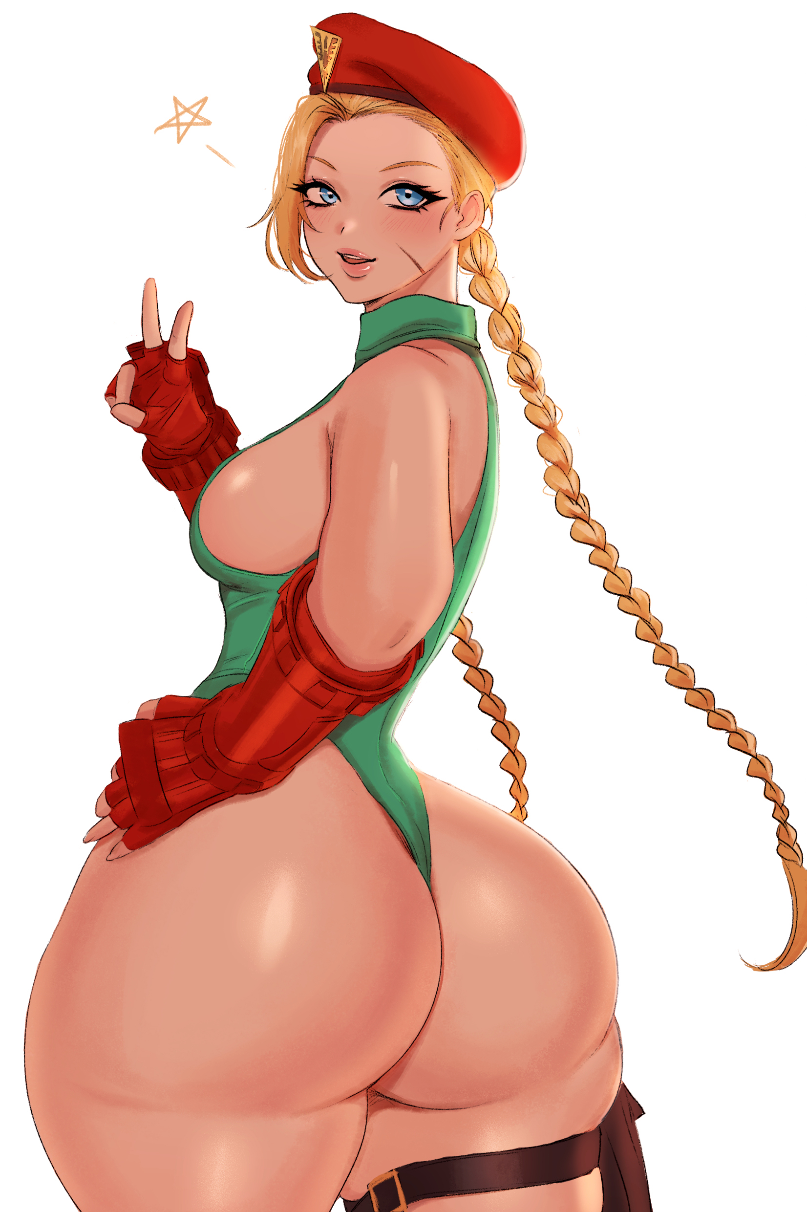 1girls, armwear, ass, blonde hair, blue eyes, cammy white, capcom, edited, female, female only, hand on hip, hat, hi res, leotard, long hair, looking at viewer, looking back, looking back at viewer, scar, scar on face, smiling, smiling at viewer, solo, sren244, street fighter, thick ass, thick thighs, thong leotard, twin braids, v sign, white background