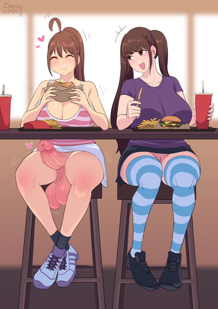 1futa 1girls ahoge balls big_balls big_breasts big_penis bottomless breasts brown_hair burger casual casual_boner casual_erection casual_exposure casual_nudity clothed clothing drink duo eating erection fast_food female food french_fries fries futa_with_female futanari hamburger holding_drink holding_food holding_object huge_breasts huge_cock human hungry ineffective_clothing ineffective_skirt innie_pussy kamiya_midori light-skinned_female light-skinned_futanari light_skin long_hair mizuki_nanami mostly_clothed no_panties original original_character penis public public_exposure public_indecency pussy sitting thighhighs thighs uncensored under_the_table zheng