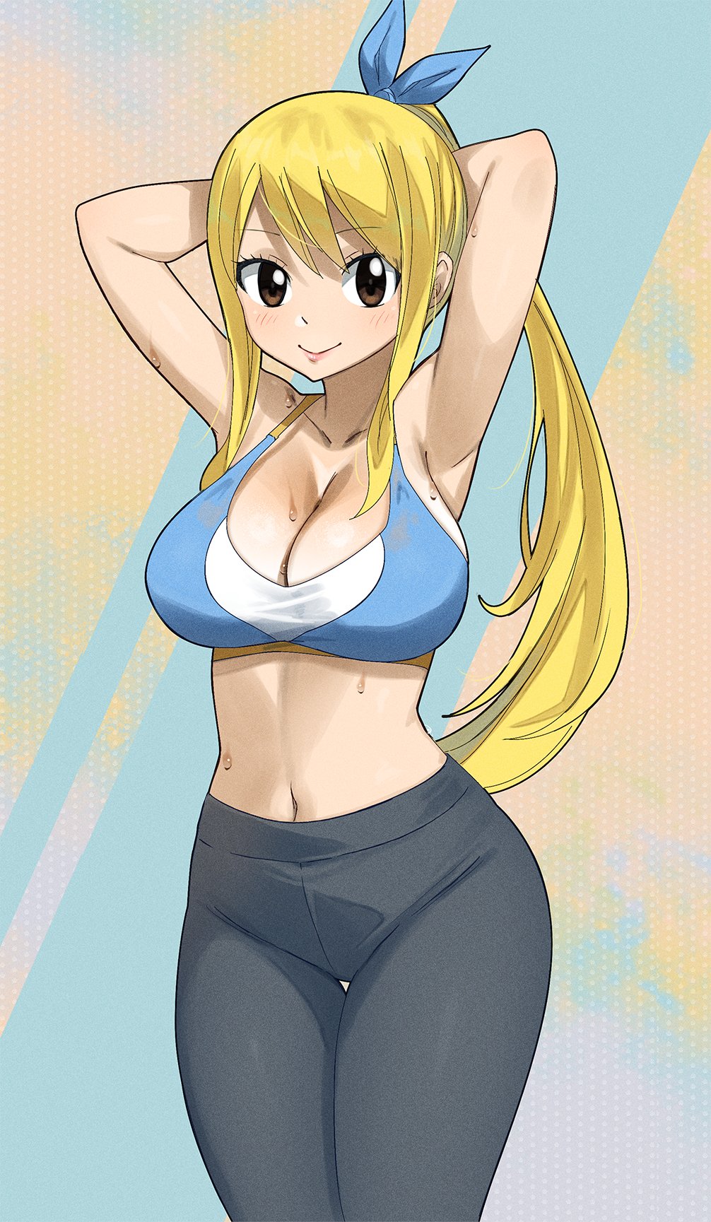 1girls armpits big_breasts blonde_hair breasts brown_eyes cleavage cute fairy_tail female female_only gaston18 leggings lucy_heartfilia navel ponytail smile solo solo_female sports_bra sportswear thick_thighs yoga_pants