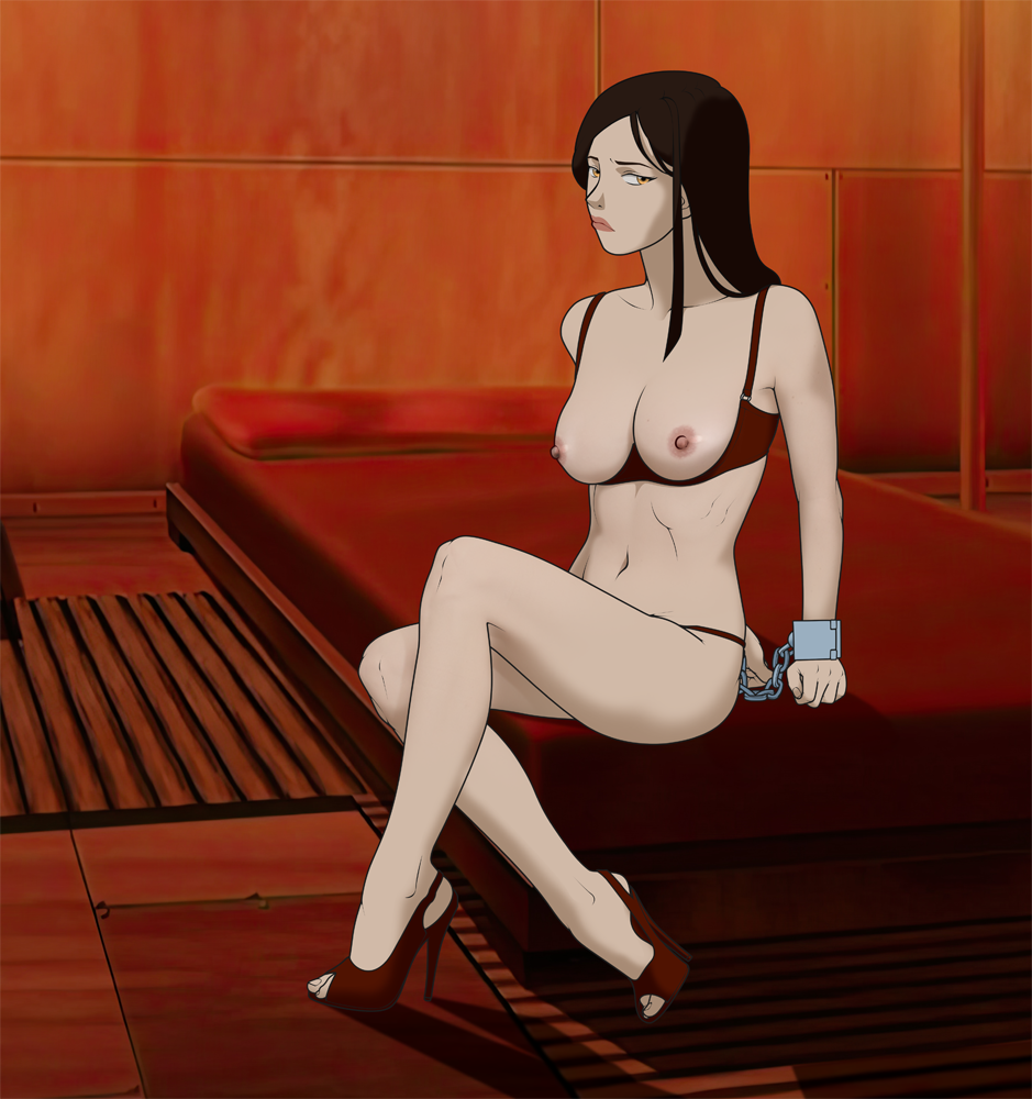 accurate_art_style anaxus arms_tied avatar_the_last_airbender bra breasts breasts_out chains cuffs fire_nation heels high_heels legs_crossed mature_female milf nipples sitting solo solo_female underwear ursa_(avatar)