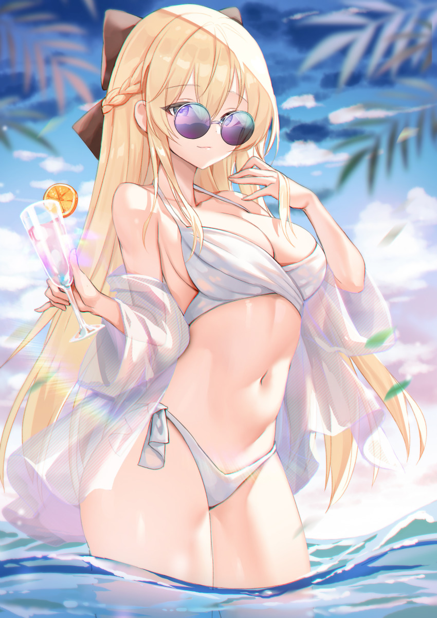 1girls bikini blonde_hair blue_eyes braid breasts clouds drinking_glass hairbow holding_glass in_water large_breasts long_hair looking_at_viewer midriff navel ocean original outside picter purple-tinted_eyewear side-tie_bikini side-tie_swimsuit sky sonya_(schan) sunglasses swimsuit tinted_eyewear water white_bikini white_swimsuit