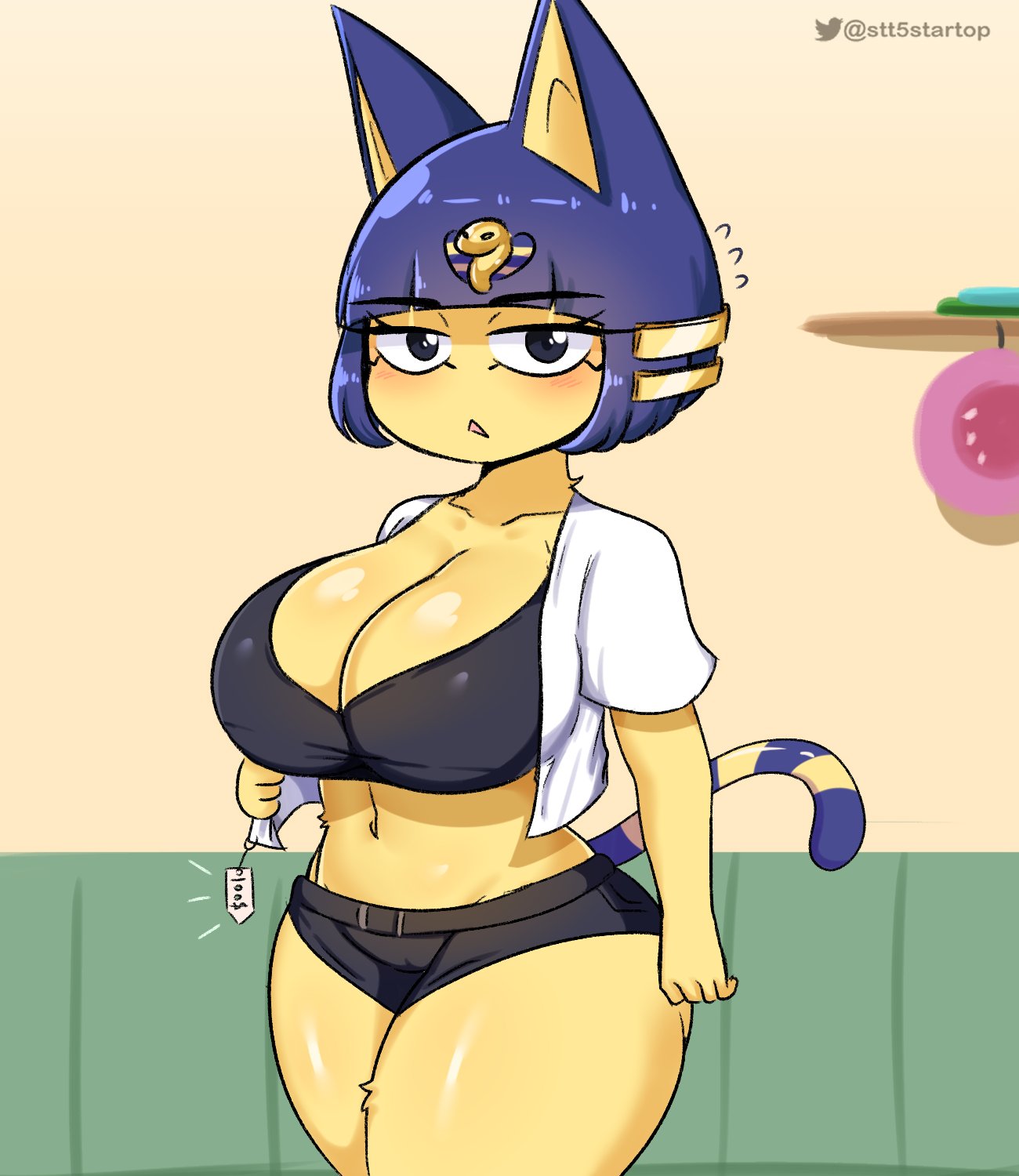animal crossing, ankha, anthro, cleavage, female, nintendo, startop, thick thighs