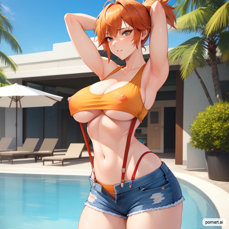 abs, ai generated, asymmetrical hair, blush, breasts, clothing, cowboy shot, crop top, denim, denim shorts, female, female only, game freak, gen 1 pokemon, green eyes, high resolution, hips, huge breasts, kasumi (pokemon), large breasts, legs, midriff, misty (pokemon), muscles, navel, nintendo, nipples, orange hair, pokemon, pokemon (anime), pokemon (classic anime), pokemon rgby, ponytail, shirt, short hair, short shorts, shorts, side ponytail, sleeveless, sleeveless shirt, solo, spiky hair, suspenders, tank top, thighs, tied hair, wide hips, yellow shirt