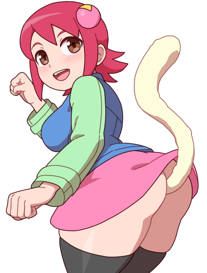 1girls ass big_ass big_breasts blush brown_eyes brown_eyes_female capcom cat_tail clothing female kabeume light-skinned_female long_sleeves mayl_sakurai mega_man mega_man_battle_network no_panties pink_hair pink_skirt skirt smile solo solo_female thighhighs white_background