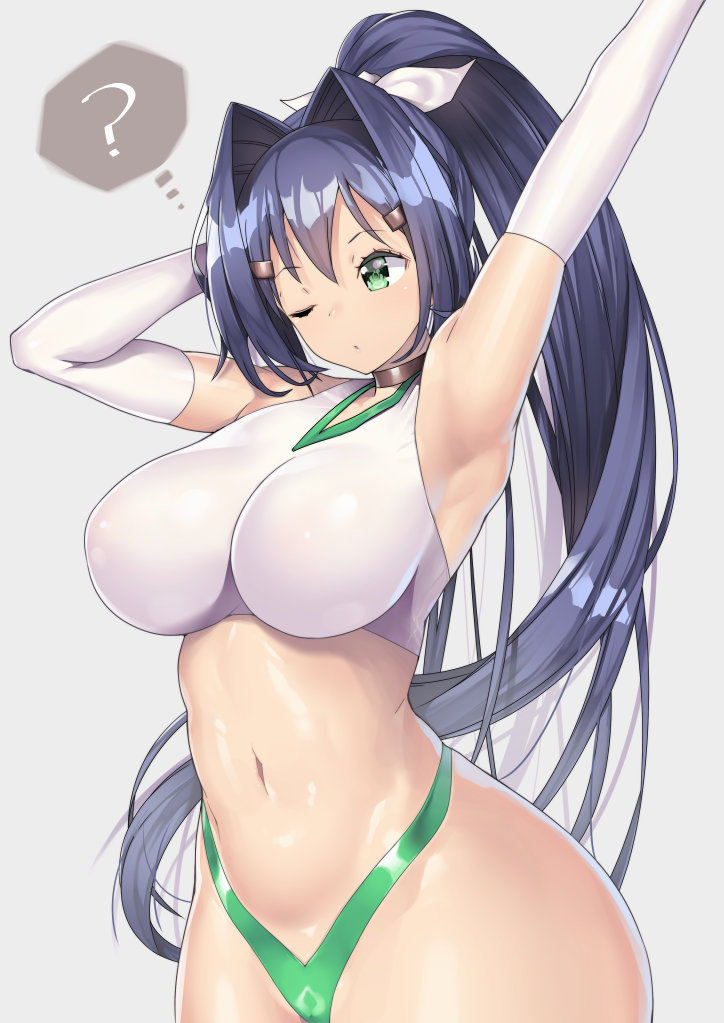 1girls blue_hair breasts buruma choker crop_top elbow_gloves gloves green_buruma green_eyes green_gym_girl_(nagase_haruhito) gym_uniform hair_ribbon hairclip highleg highleg_buruma impossible_clothes large_breasts midriff nagase_haruhito navel one_eye_closed original ponytail stretching white_crop_top