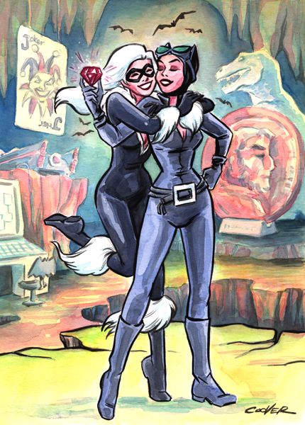 2girls animal_ears background batcave batman_(series) black_cat_(marvel) black_clothing bodysuit boots cat_ears catwoman cave cleavage closed_eyes clothed clothed_female criminal crossover dc dc_comics duo eyewear felicia_hardy female female_only footwear fully_clothed fur-trimmed_boots gem gloves goggles goggles_on_forehead hair hand_on_hip happy headgear holding holding_gem holding_object hugging indoors leg_up long_hair marvel marvel_comics mask open_bodysuit roy_cover selina_kyle shoes smile spider-man_(series) standing standing_on_one_leg straight_hair supervillain thief traditional_media_(artwork) villain villainess watermark white_hair wholesome yuri