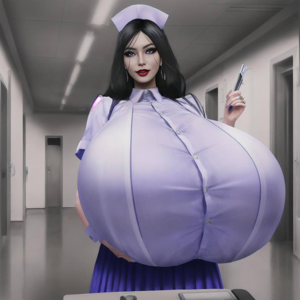 ai_generated big_breasts black_hair blouse collared_shirt fully_clothed gigantic_breasts high_heels huge_breasts hyper hyper_breasts maggie_bluxome_(artist) massive_breasts nurses pale_skin second_life short_skirt stable_diffusion violet_eyes