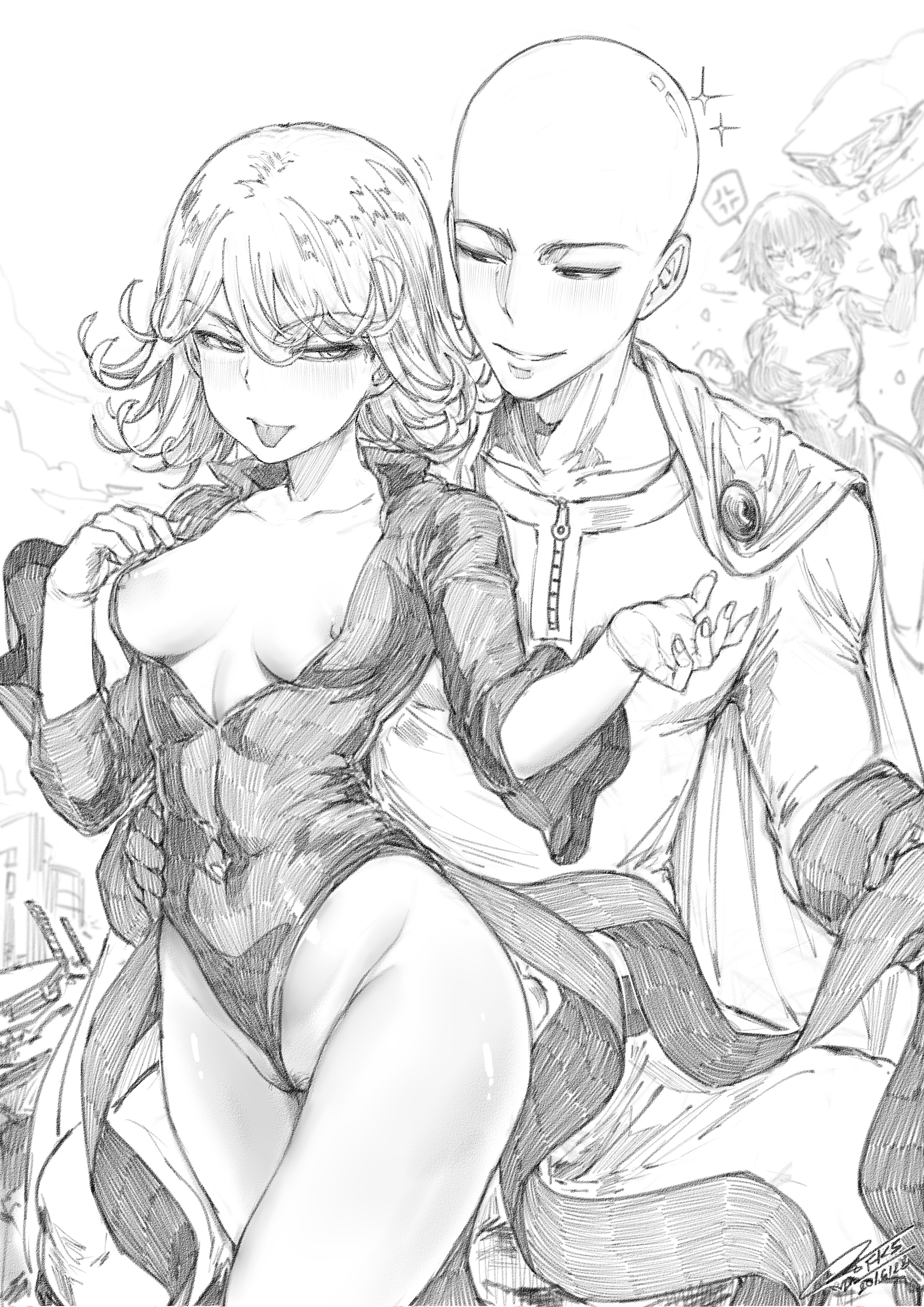 2girls, bald male, breasts, dress, esper sisters, female, fkscrashing, fubuki (one-punch man), male, monochrome, multiple females, multiple girls, naughty face, nipples, one-punch man, pubic hair, revealing clothes, saitama, shiny skin, sisters, tatsumaki, tongue, tongue out, wavy hair