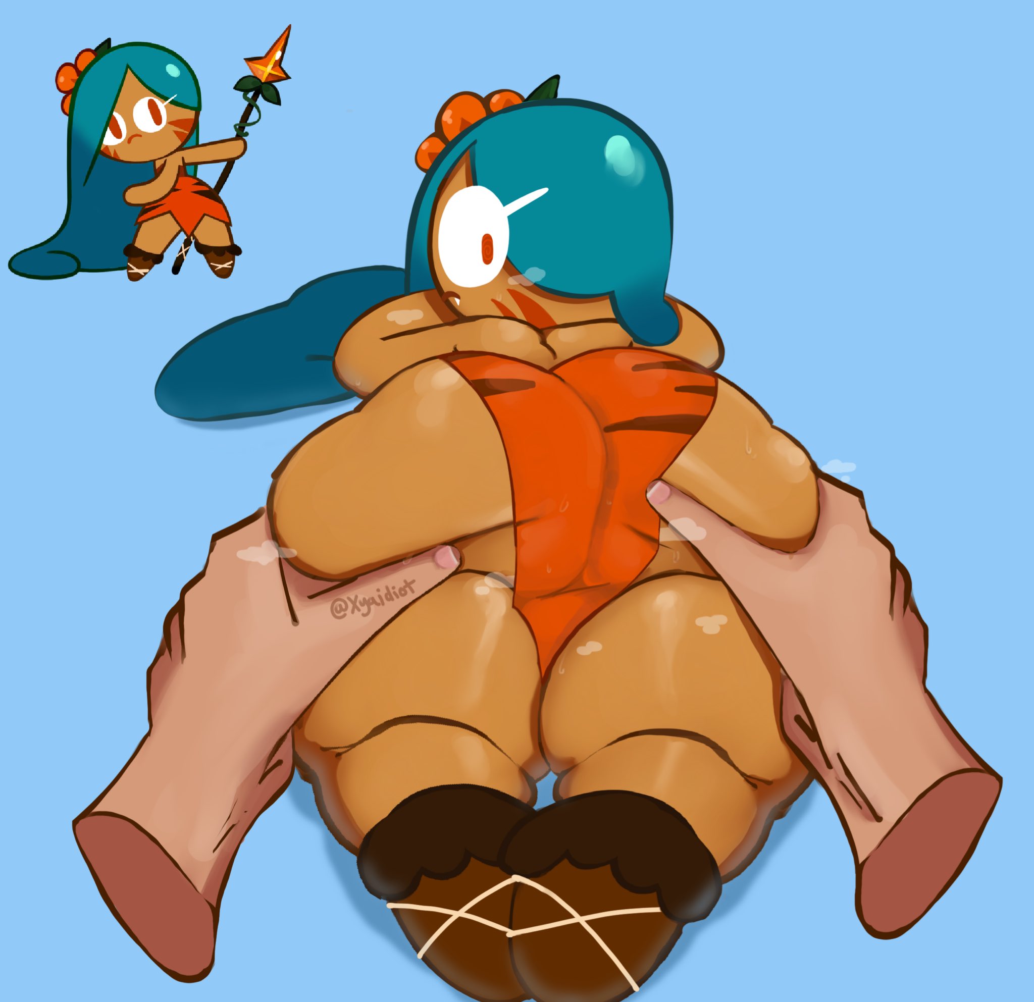 ass, ass grab, ass spread, big ass, big eyes, cookie run, dark skin, dark-skinned female, disembodied hand, facepaint, fangs, female, green hair, hair ornament, huge ass, large ass, light skin, light-skinned male, long hair, looking at viewer, looking back, male, red eyes, ripped clothing, shortstack, simple background, simple coloring, simple shading, spread ass, spread butt, spreading, steam, steaming body, sweat, sweating, teal hair, tiger lily cookie, tight clothing, tight dress, xyakiwi