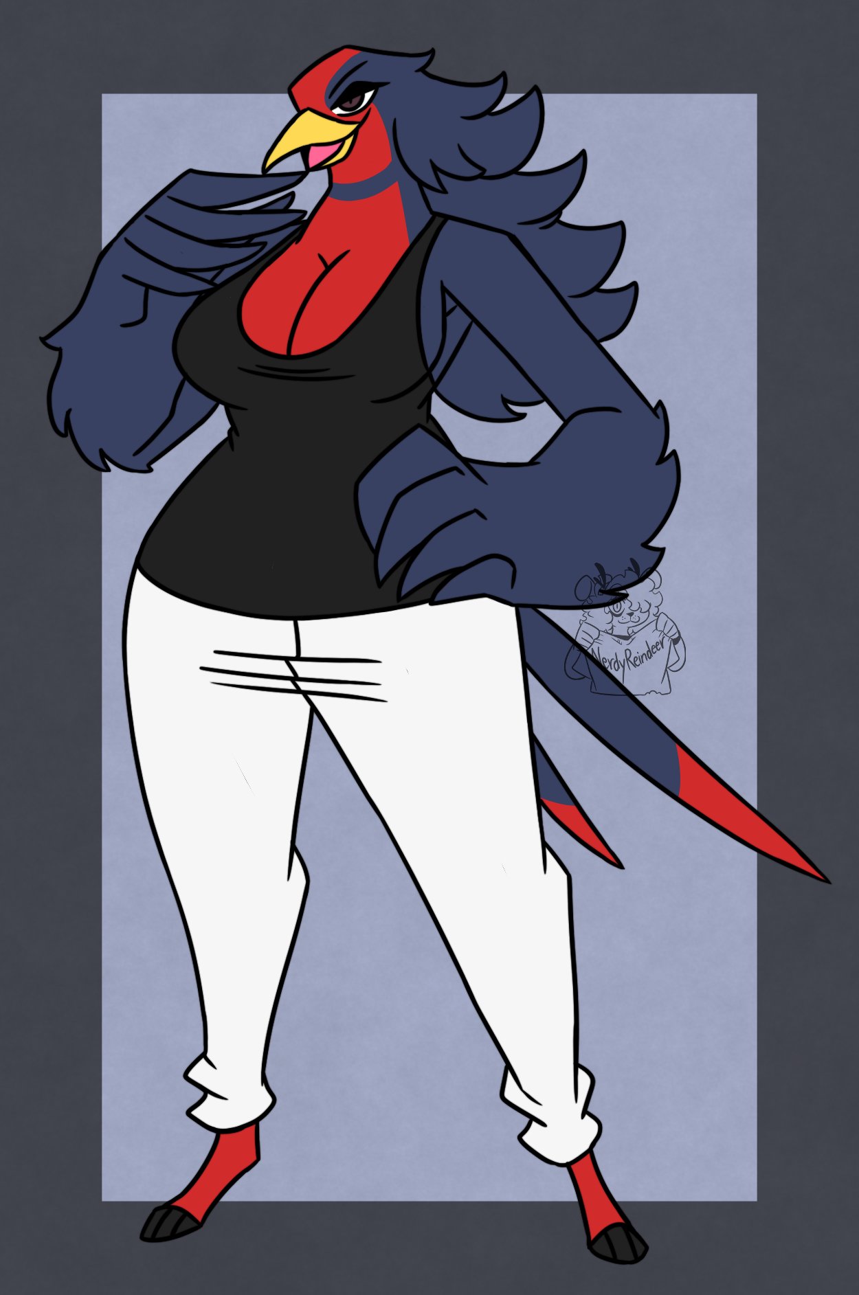 2023 anthro artist_logo artist_name beak big_breasts bird bird_girl border breasts brown_eyes female furry game_freak gray_border hand_on_hip hand_on_own_hip nerdyreindeer nintendo pants pokemon swellow tank_top thick_thighs wide_hips