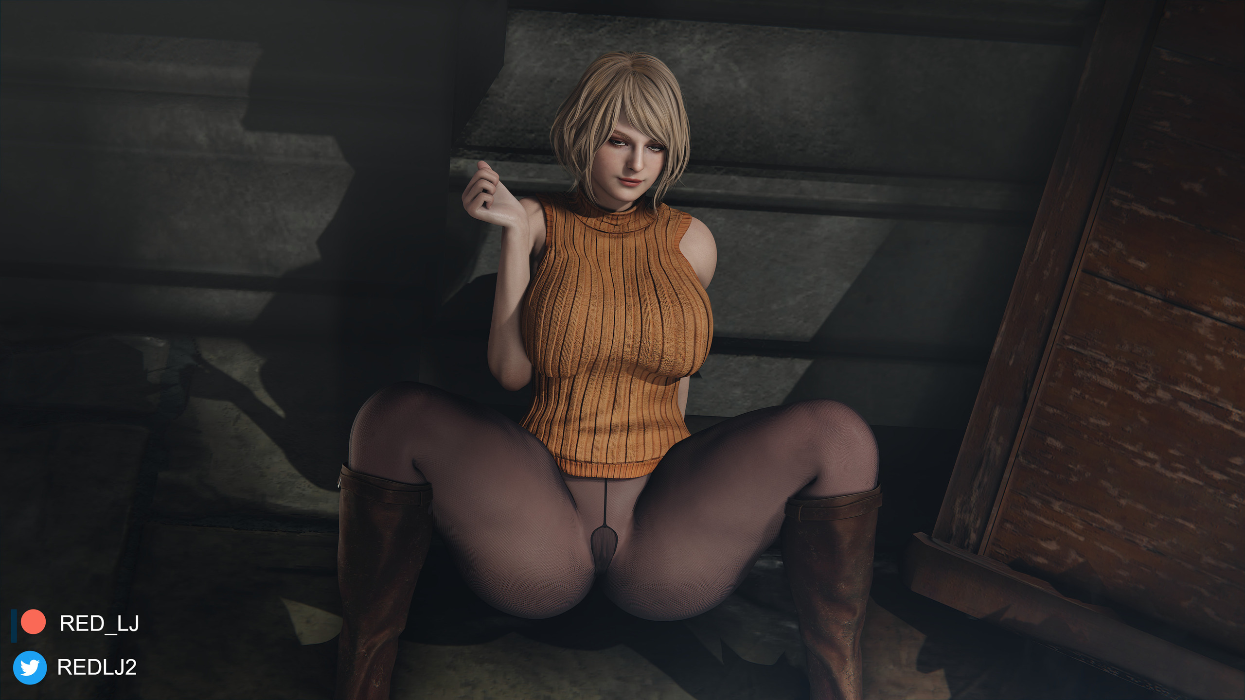 1girls, 3d, ashley graham, ashley graham (ella freya), boots, brown hair, capcom, female, female only, orange skirt, pantyhose, patreon username, red lj, resident evil, resident evil 4, resident evil 4 remake, solo, twitter username