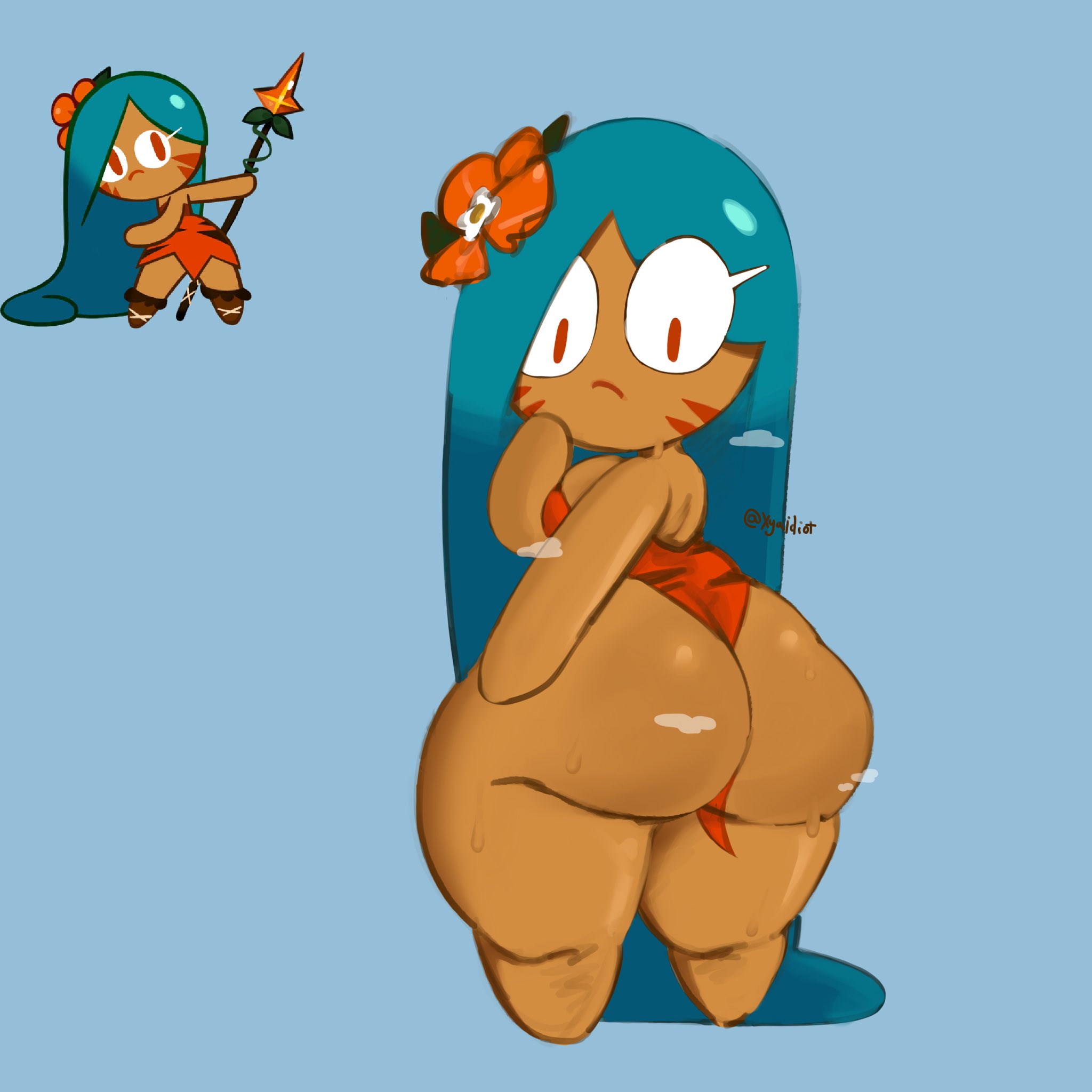 1girls, ass, between ass, big ass, big eyes, clothed, clothing, cookie run, dark skin, dress, dress between buttocks, facepaint, female, green hair, holding object between buttocks, huge ass, large ass, long hair, looking back, red eyes, red pupils, short dress, shortstack, simple background, simple shading, steam, steaming body, sweat, teal hair, tiger lily cookie, tight clothing, tight dress, wide hips, xyakiwi