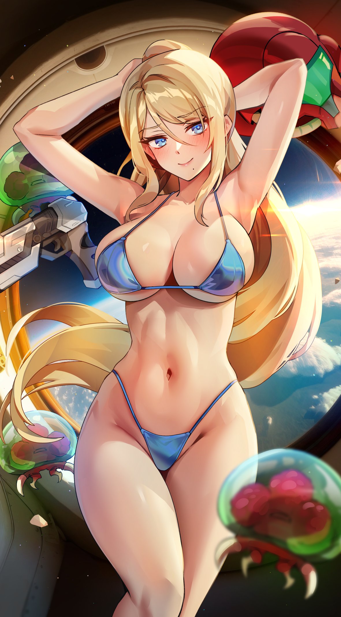 1girls bikini blonde_hair blue_eyes breasts female foxy_rain_(foxyreine) foxyrain_(foxyreine) foxyreine hi_res huge_breasts light-skinned_female light_skin long_hair metroid metroid_(creature) nintendo samus_aran slim_waist thighs