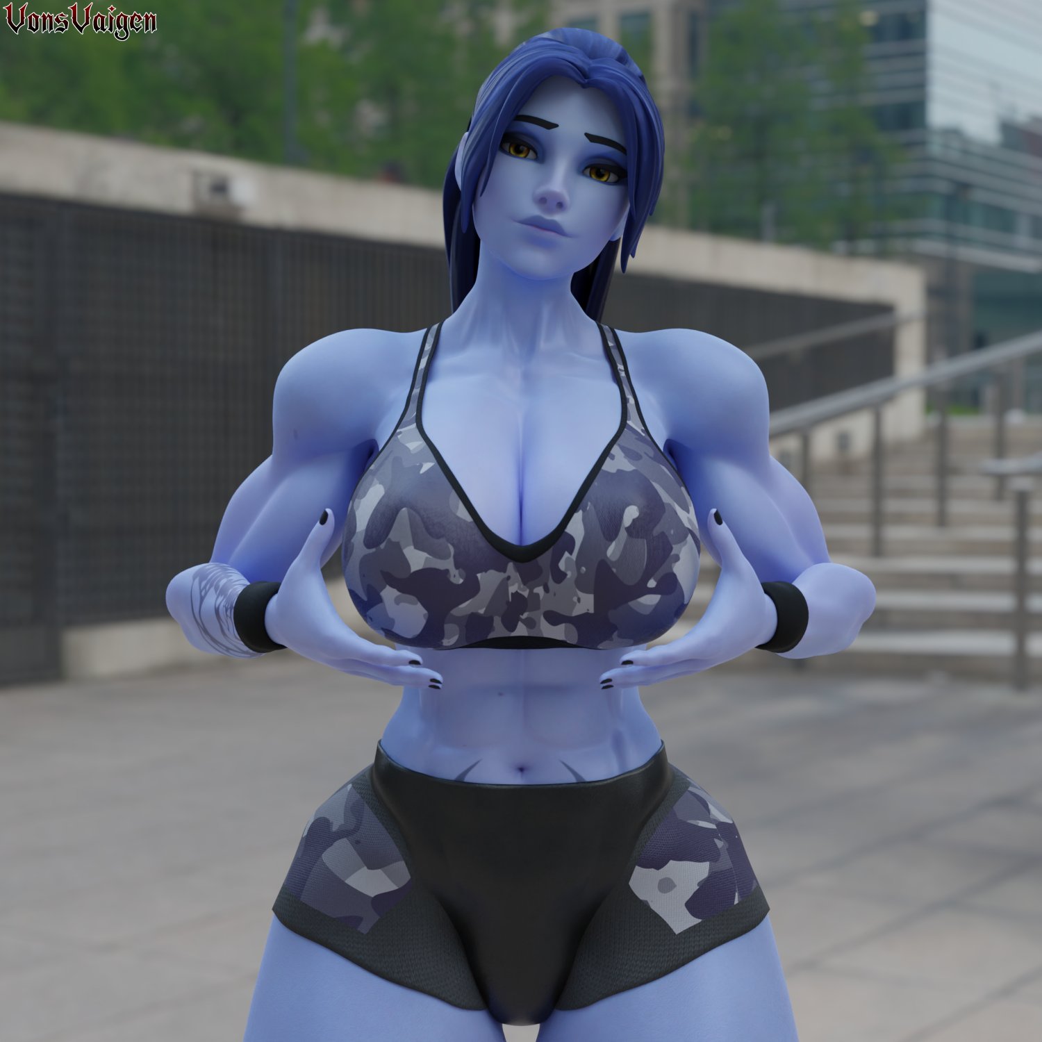 1girls, 3d, abs, alternate version available, amelie lacroix, big breasts, blizzard entertainment, blue skin, breasts, female, female only, fit, fit female, flexing, flexing bicep, full body, gym, looking at viewer, muscle growth, muscles, muscular, muscular female, overwatch, overwatch 2, purple skin, short shorts, shorts, solo, sports bra, tattoo, thick thighs, vonsvaigen, wide hips, widowmaker, yellow eyes