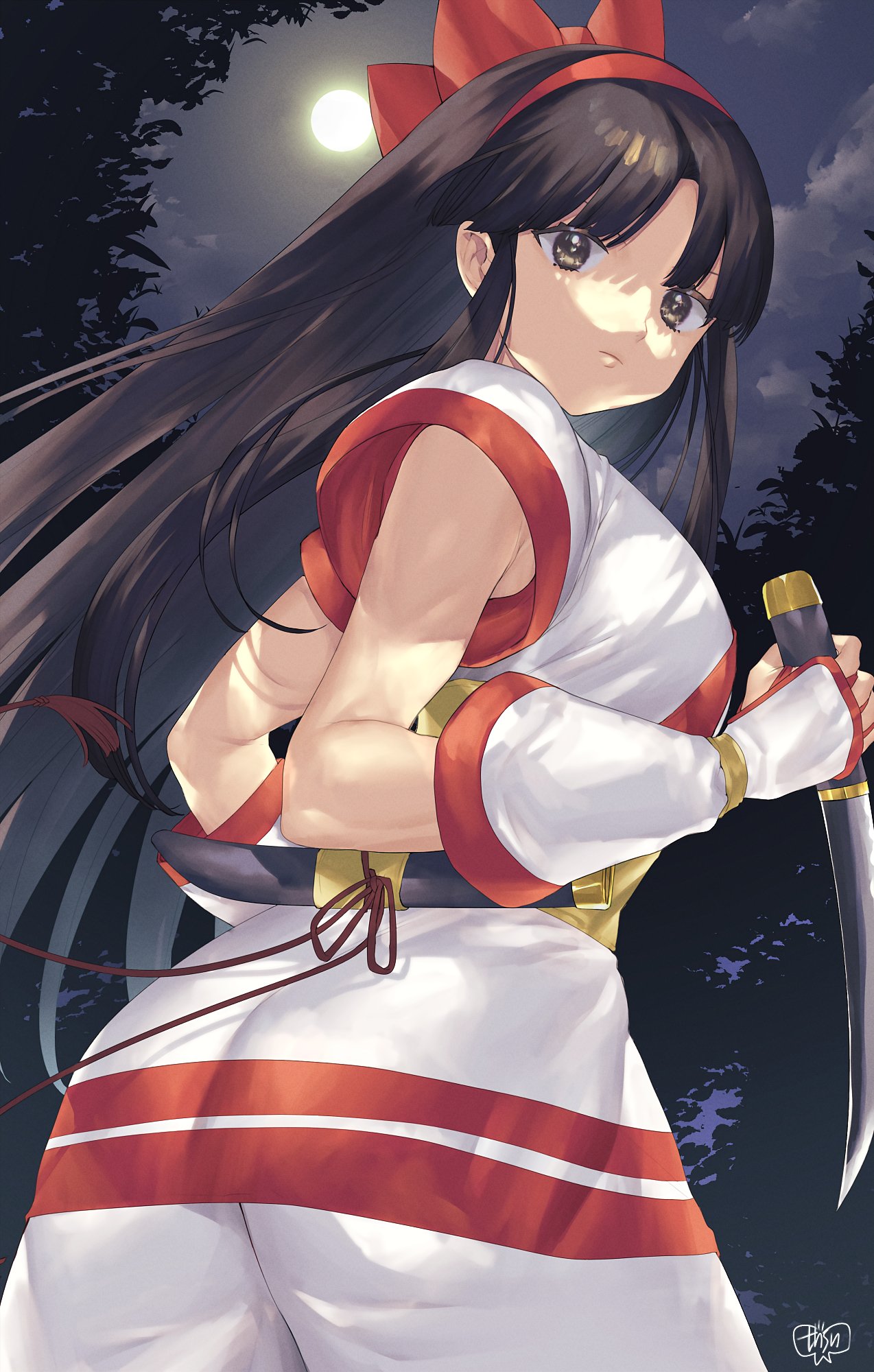 1girls ainu_clothes ass big_ass big_breasts black_hair breasts busty female female_only fingerless_gloves gloves hi_res large_breasts long_hair looking_at_viewer moon murata_tefu nakoruru night night_sky pants samurai_shodown sideboob sky snk solo voluptuous weapon yellow_eyes