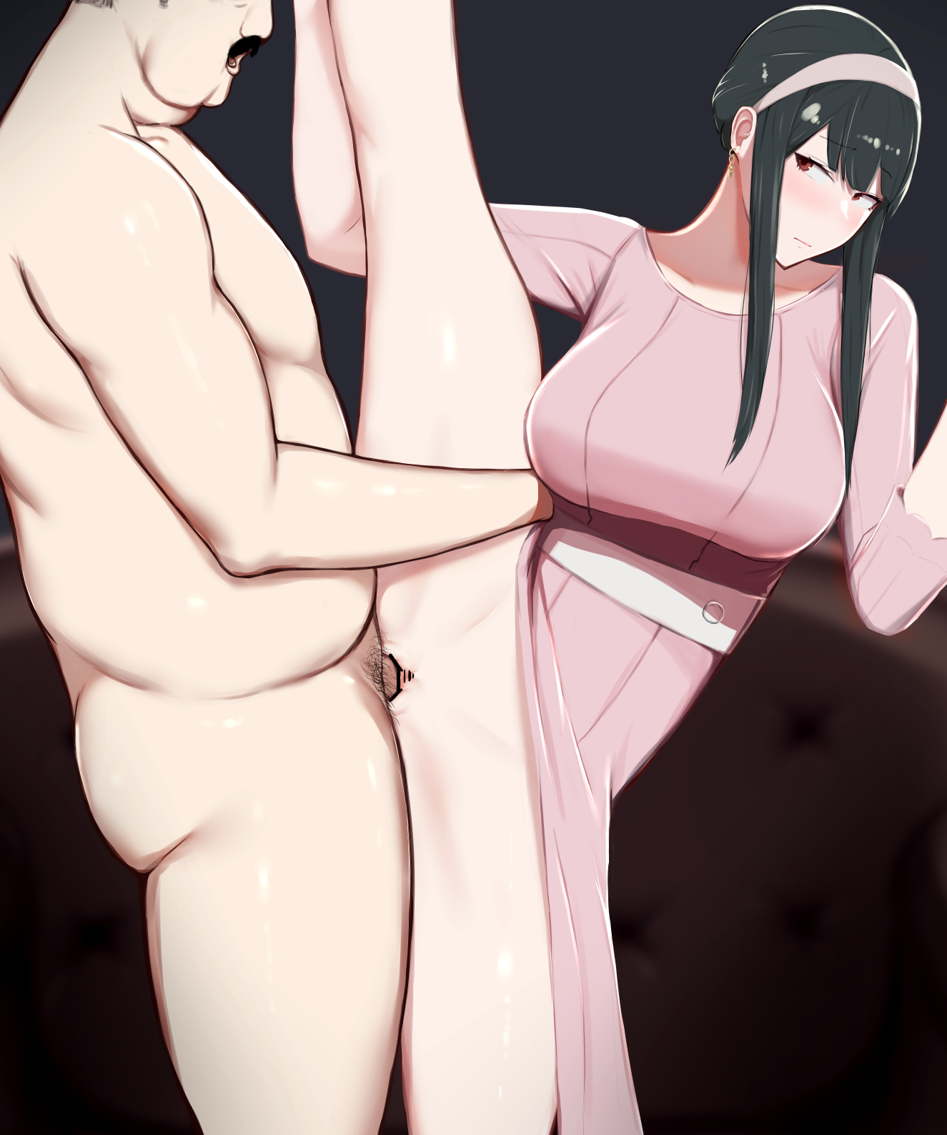 1boy, 1girls, black background, black hair, blush, closed mouth, completely nude, earrings, facial hair, fat male, female, hairband, highres, human, jewelry, long hair, male, moustache, murdoch swan, netorare, nolasama, ntr, nude, open mouth, pussy, red eyes, sex, short hair, split, spy x family, standing, standing on one leg, standing split, straight, vaginal penetration, yor briar, yor forger