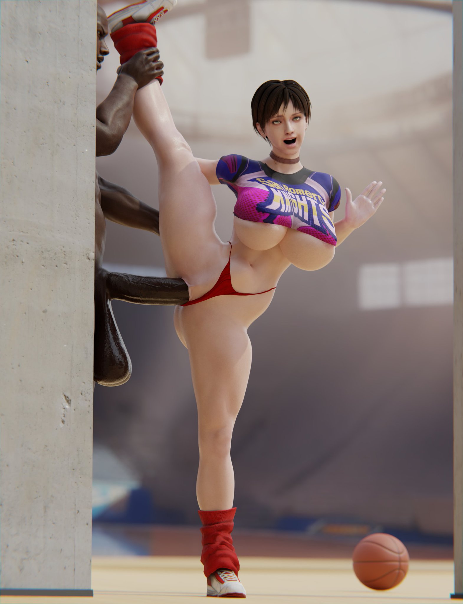 3d, ahegao, arena, athletic, athletic female, basketball, big breasts, big penis, breasts, brown hair, bulge, cheating, cheating girlfriend, choker, dark skin, dark-skinned male, female, gildagriffon, gym, gym leader, interracial, juliet starling (cosplay), large breasts, lollipop chainsaw, male, panties aside, penis, pussy, rebecca chambers, resident evil, short hair, skirt removed, spread legs, standing sex, thong aside, tomboy, underboob, vaginal penetration