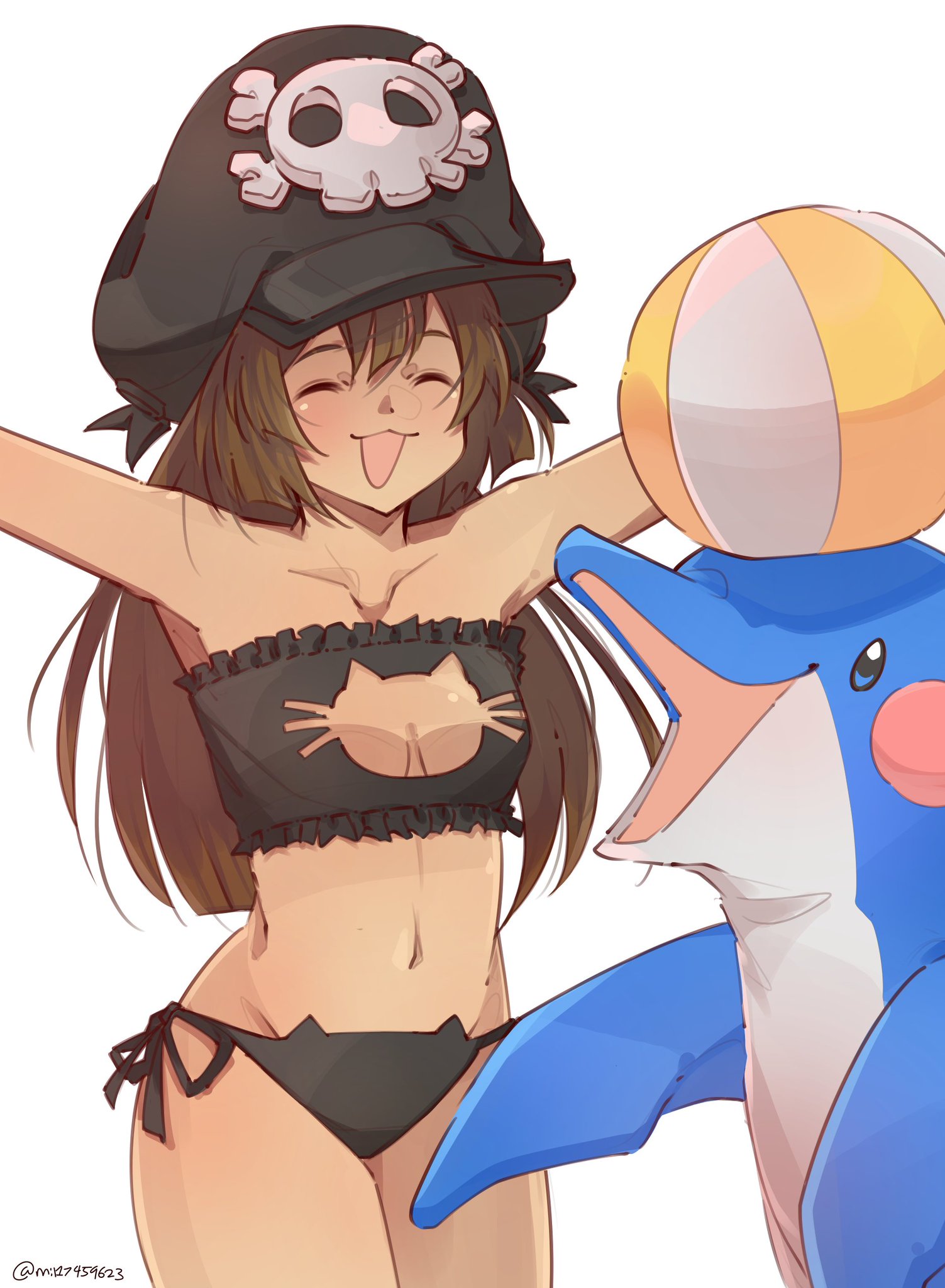 beach ball, bikini, black bikini, breasts, cat lingerie, dolphin, female, guilty gear, hips, may (guilty gear), mil17459623, pirate, pirate hat, shoulders, small breasts, smile, strapless, swimsuit, totsugeki (guilty gear)