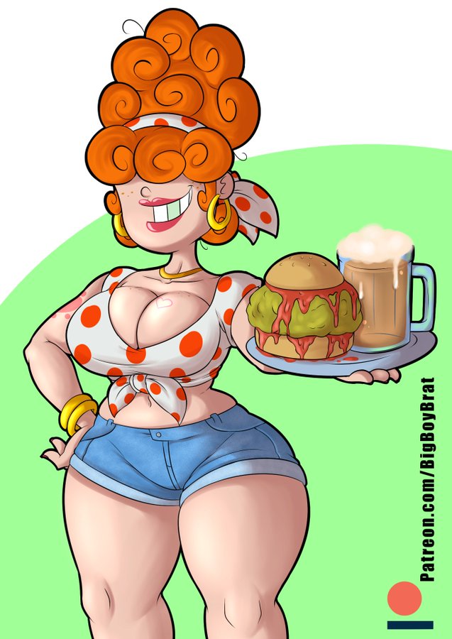 1girls, aged up, beer, beverage, big breasts, bracelet, breasts, burger, cleavage, earrings, ed edd n eddy, female, female only, food, freckles, hair over eyes, jean shorts, kanker sisters, large breasts, lee kanker, light skin, light-skinned female, lipstick, milf, navel, necklace, orange hair, shorts, solo, solo female, solo focus, teenagebratwurst, thick thighs, thighs, tied shirt, wide hips