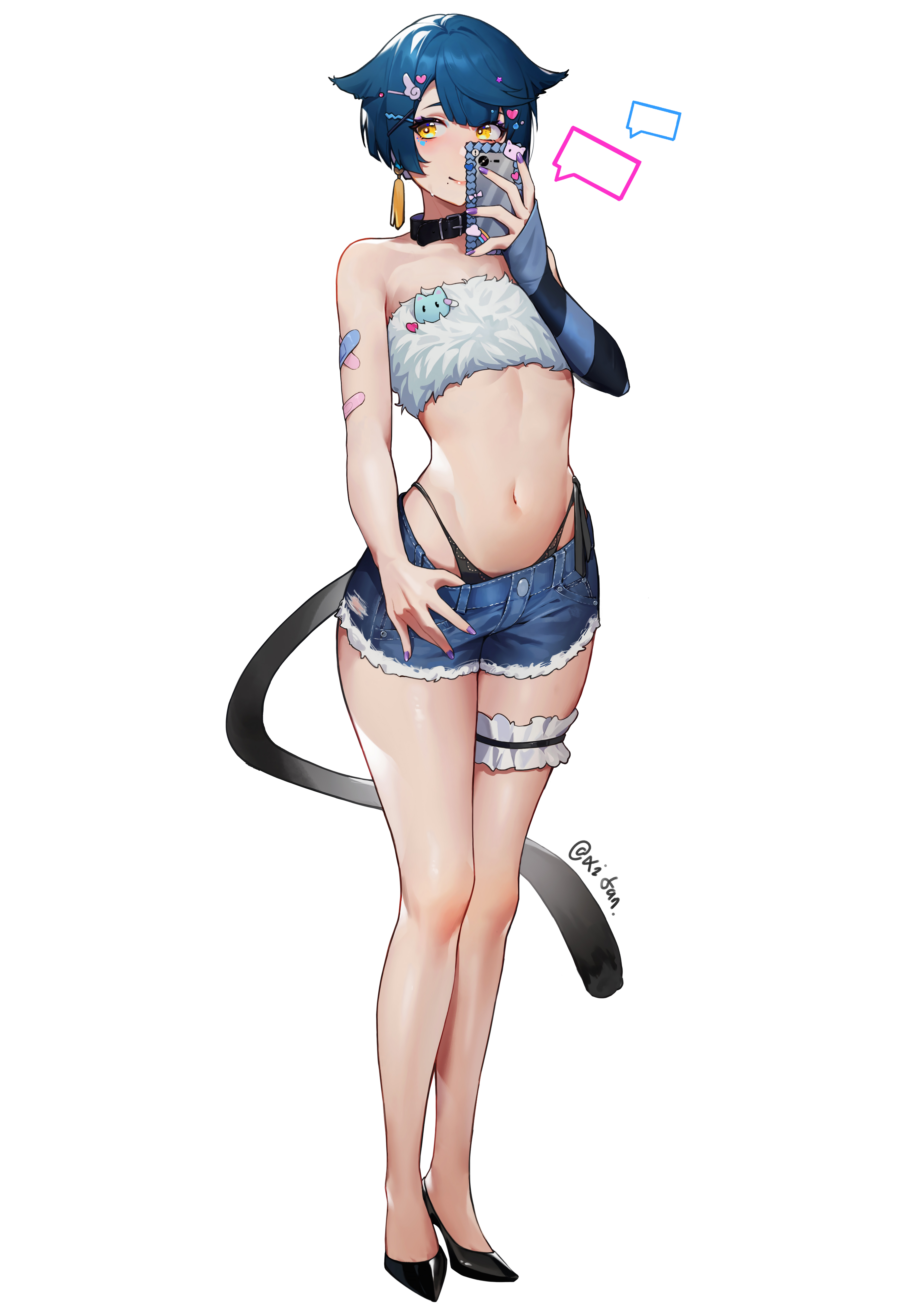 1boy, androgynous, blue hair, cat ears, cat tail, choker, denim, denim shorts, femboy, femboy focus, feminine male, genshin impact, high heels, male, male only, midriff, navel, panties, phone, selfie, smartphone, smile, trap, tubetop, twink, xingqiu (genshin impact), yellow eyes