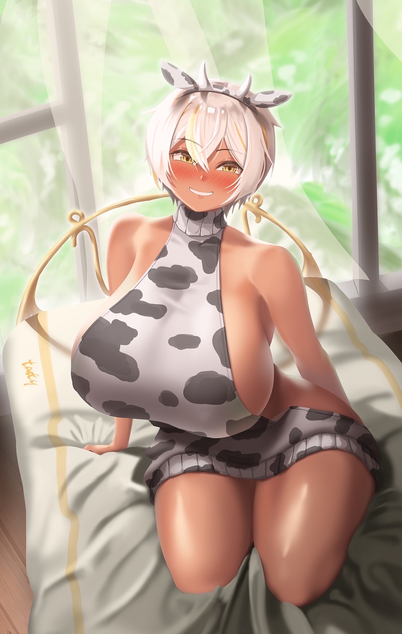 1girls bed blonde_hair blush cow_print_sweater eyebrows_visible_through_hair fake_animal_ears fake_cow_ears fake_cow_horns fake_horns female female_only happy huge_breasts indoors looking_at_viewer luvdia nose_blush on_bed park_dona sideboob smile sweater tan-skinned_female tan_skin tasty_(haelihaeli5) two_tone_hair virgin_killer_sweater virtual_youtuber white_hair yellow_eyes