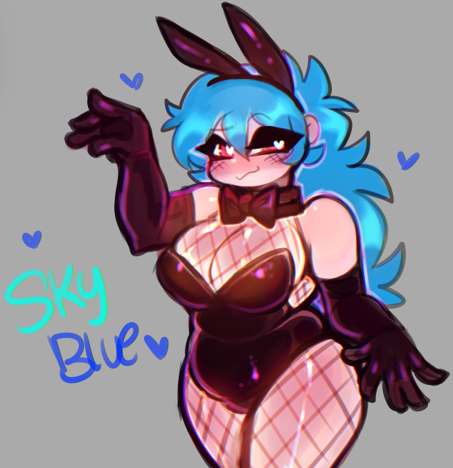 1girls :3 big_breasts black_gloves blue_hair bowtie bunny_costume bunny_ear bunny_girl bunny_tail bunnygirl bunnysuit cyan_hair female fishnets floating_heart fnf fnf_mods friday_night_funkin friday_night_funkin_mod grey_background hairband heart heart-shaped_pupils large_breasts looking_at_viewer pink_eyes sky_(friday_night_funkin) skyblue skyblue_(friday_night_funkin) skyblue_hair skyverse smiling_at_viewer smirk solo solo_female solo_focus sstupidcat