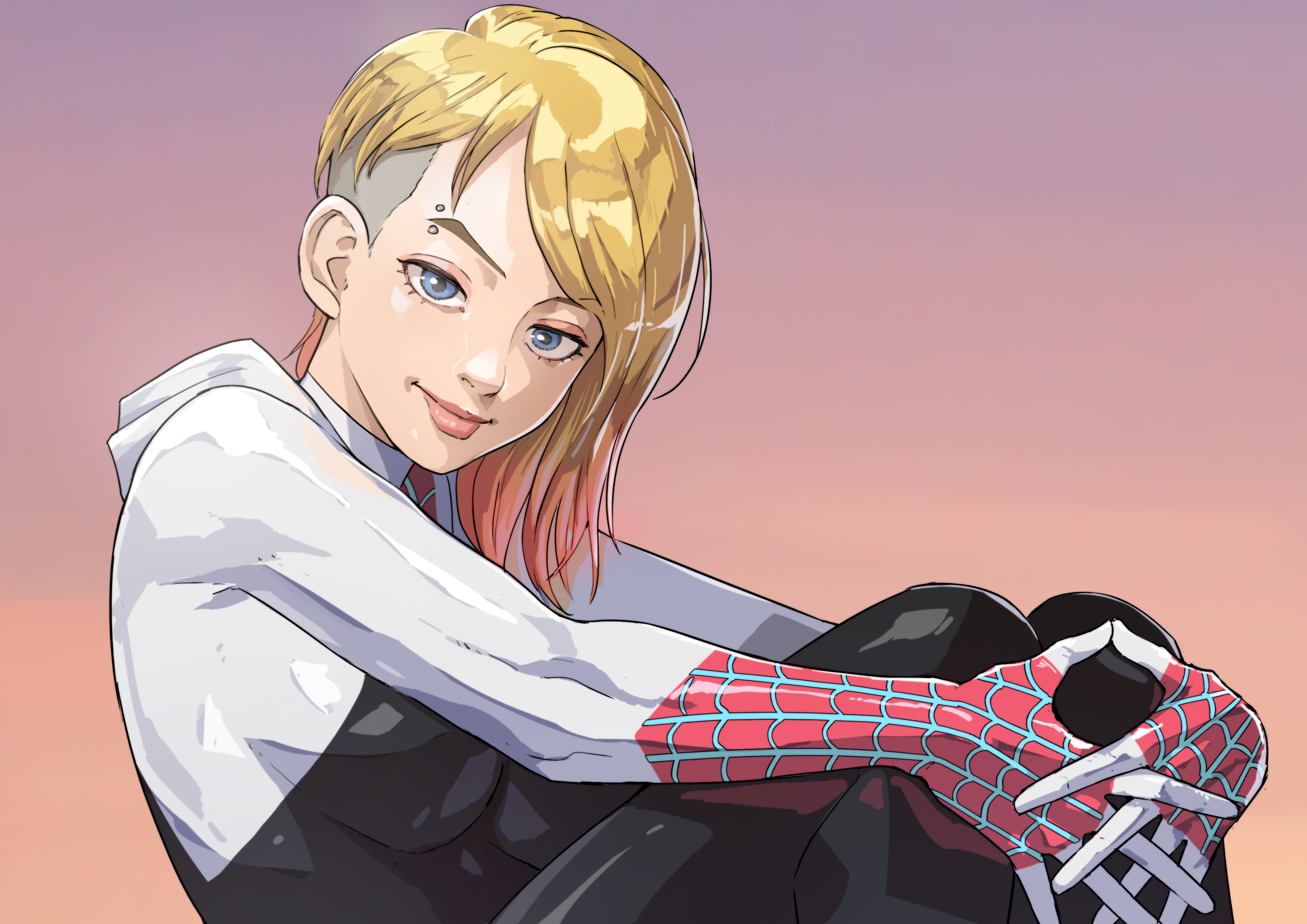 blonde hair, cirenk, eyebrow piercing, female, gwen stacy, marvel, marvel comics, short hair, solo, spider-gwen, spider-man (series), spider-man: across the spider-verse, spider-man: into the spider-verse