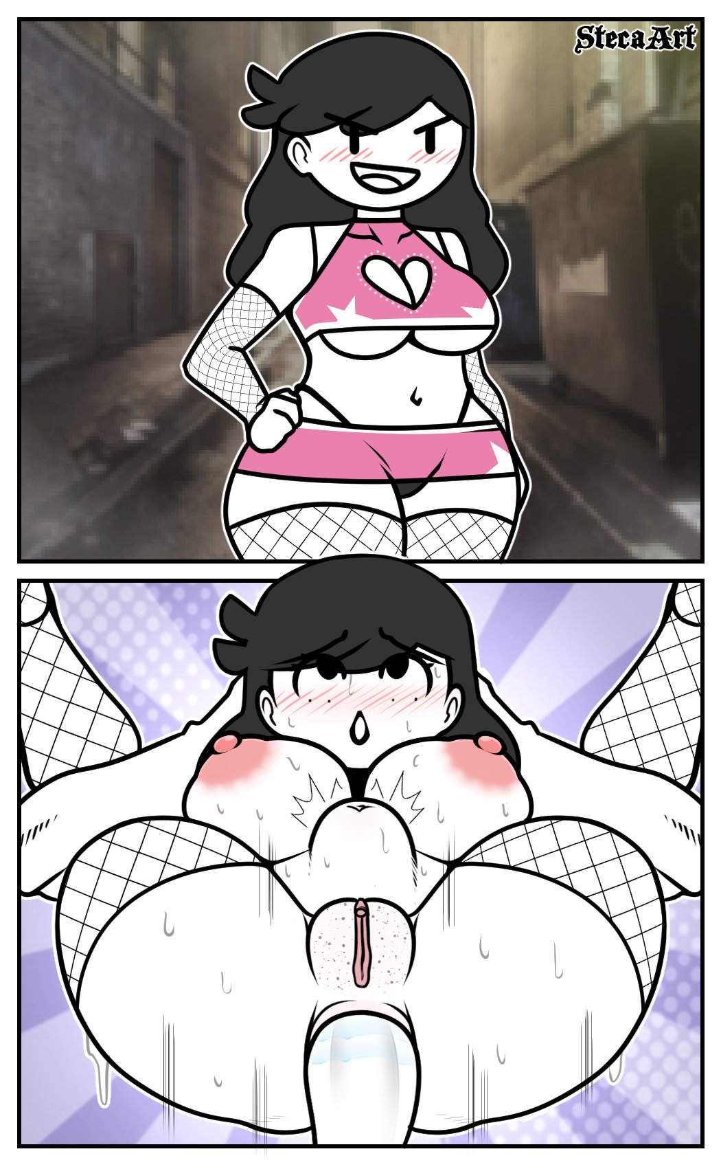1boy, 1girls, anal, anal sex, blush, boob window, breasts, cleavage cutout, correction, female, fishnets, front view, full nelson, full nelson anal, instant loss 2koma, jaiden animations, jaidens mom, leg grab, legs up, male, milf, mother, nude, rolling eyes, steca, stockings, stomach bulge, thelazyart, underboob, youtube