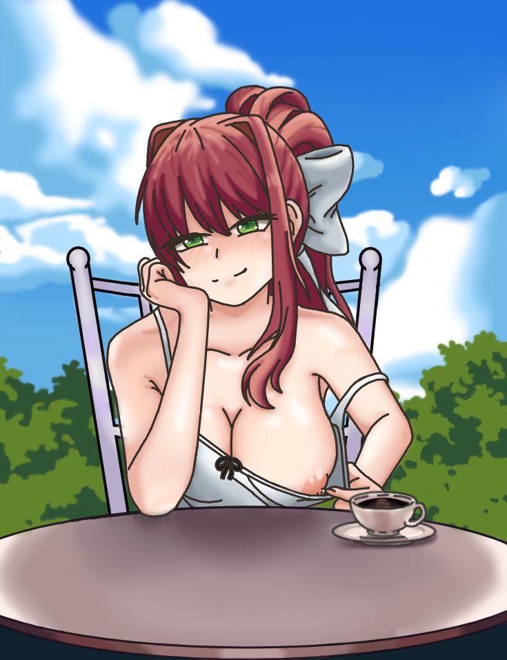 anon breasts brown_hair bush bushes clear_sky coffee coffee_cup doki_doki_literature_club dress green_eyes monika_(doki_doki_literature_club) nipples oppai outside player player_character red_hair showing_breast showing_nipple showing_off sky sondrykle table white_dress