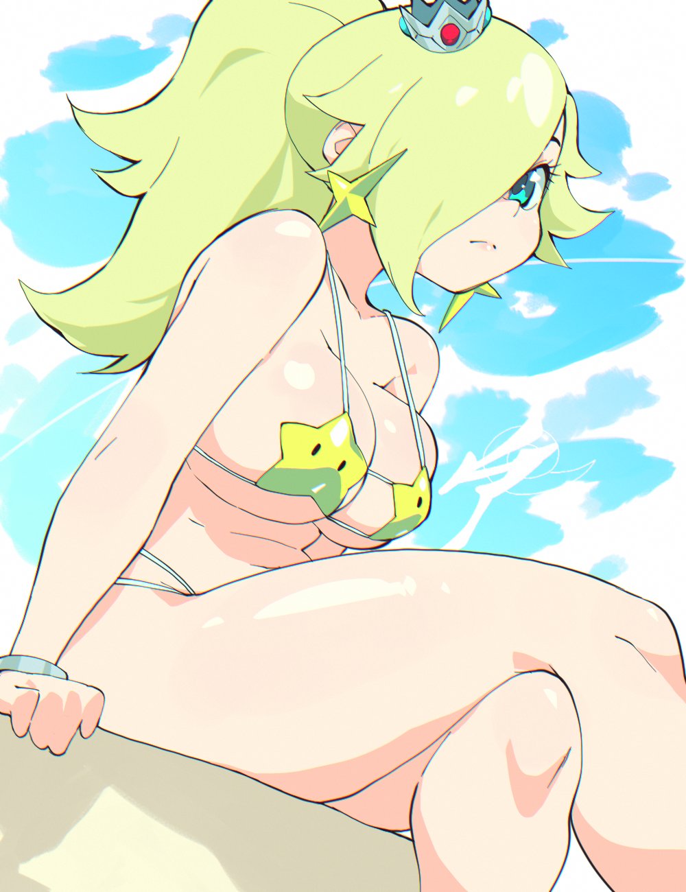 1girls 2020s 2023 aetherion_art big_breasts bikini blonde_hair blue_eyes breasts crossed_legs crown earrings female female_only hair_over_one_eye long_hair mario_(series) nintendo outside ponytail princess_rosalina shiny_skin sitting sky solo star_earrings