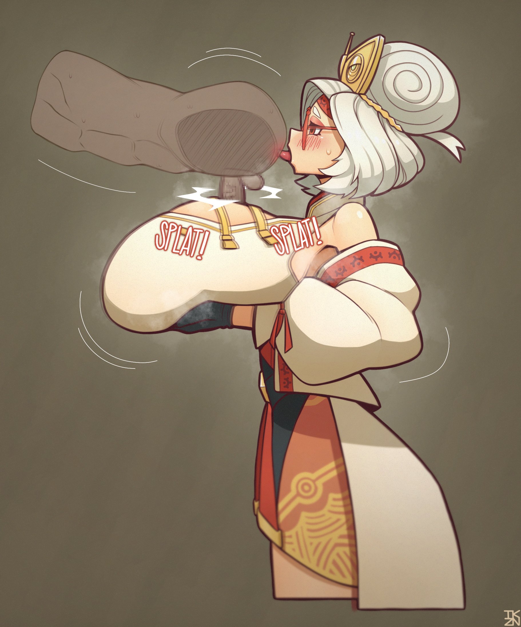 1boy, 1girls, blush, breasts, clothed female nude male, female, glasses, huge breasts, male, nintendo, paizuri, purah, purah (tears of the kingdom), reverse paizuri, rimming, rimzuri, takyzen, tears of the kingdom, the legend of zelda