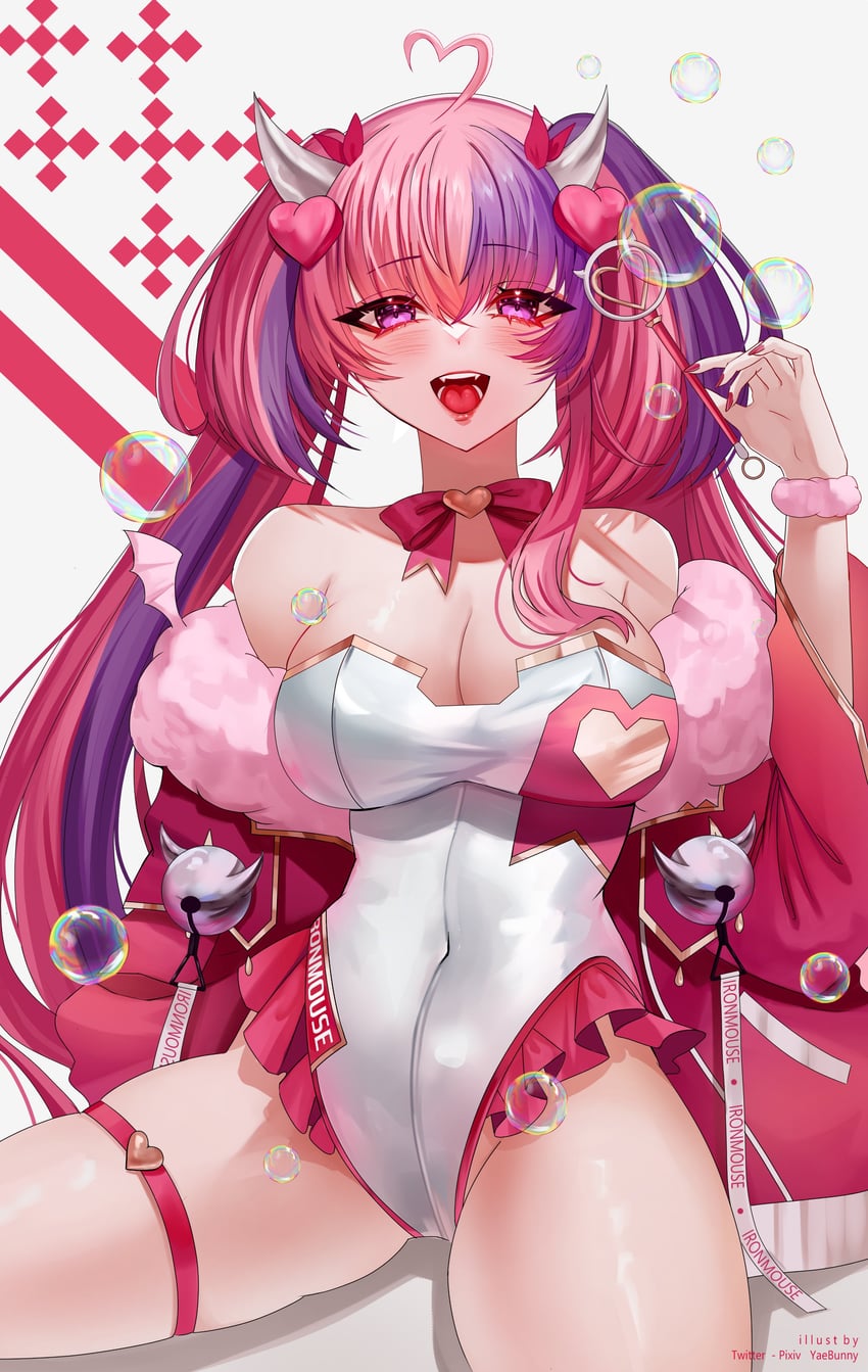 1girls, bells, bowtie, bubbles, choker, cleavage, clothed, clothing, demon, demon girl, demon horns, fangs, female, fingernails, ironmouse, ironmouse (racing princess), jacket off shoulders, jacket partially removed, long hair, looking at viewer, open mouth, painted nails, pink eyes, pink hair, shoulders, solo, thick thighs, twintails, virtual youtuber, vshojo, white background, yaebunny
