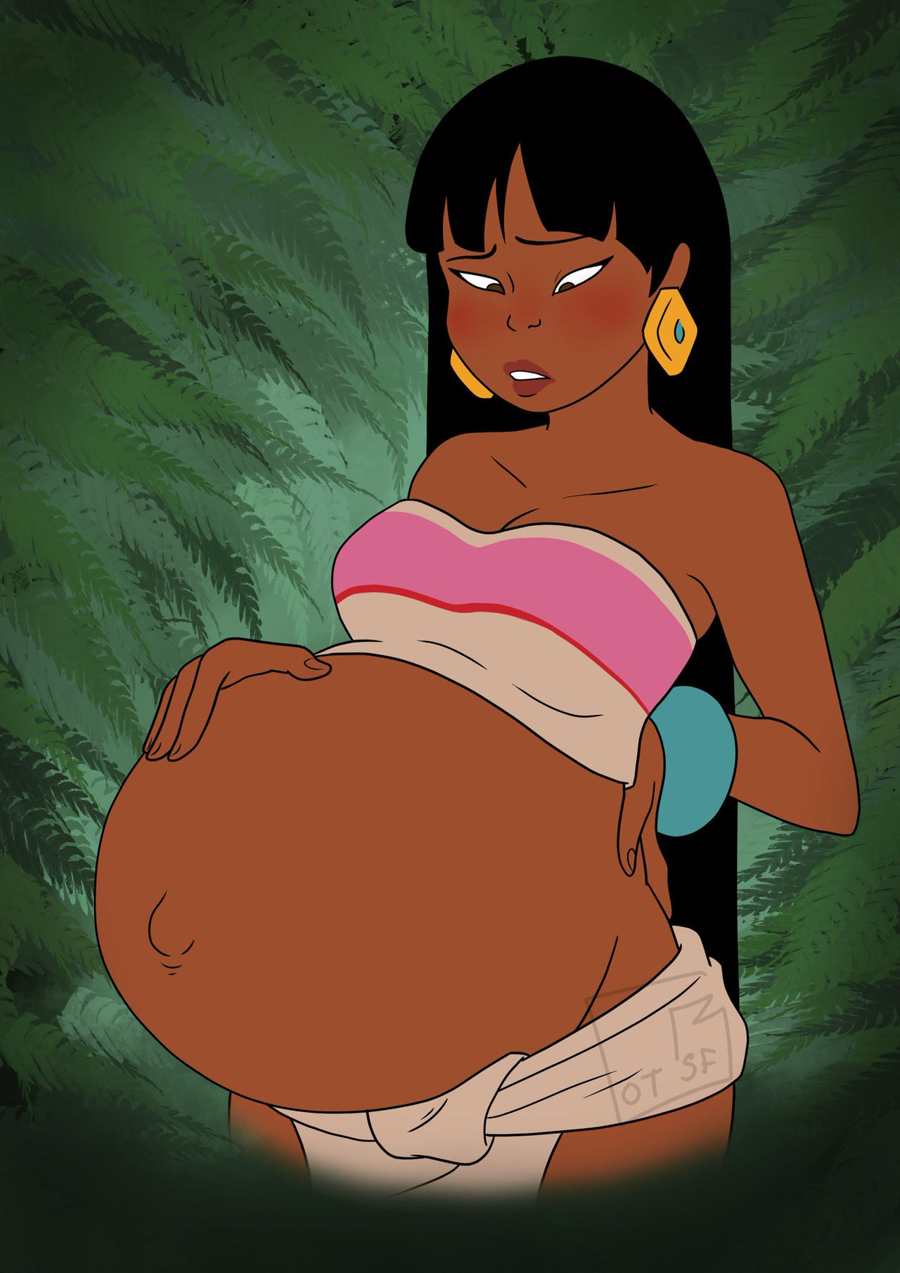 1girls, arched back, big breasts, black hair, blush, breasts, brown eyes, chel, dark skin, dark-skinned female, dreamworks, earrings, female, hand on belly, latina, lipstick, native american, pregnant, randomgirl1265, ready to pop, the road to el dorado