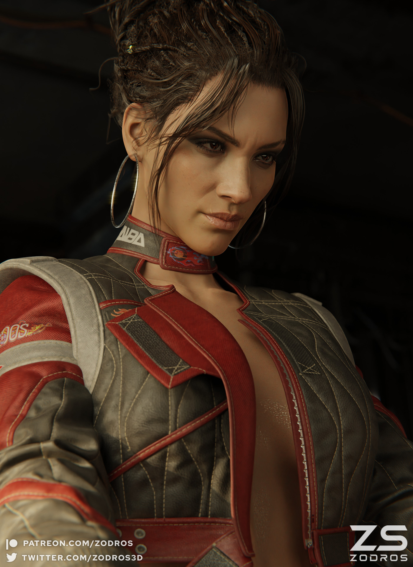 1girls, 3d, 3d (artwork), 3dx, bed, bedroom, blender (software), blender cycles, brown hair, brunette, brunette hair, cleavage, cyberpunk 2077, ear ring, earrings, female, jacket, open clothes, open clothing, open jacket, panam palmer, pinup, solo, solo female, solo focus, zodros
