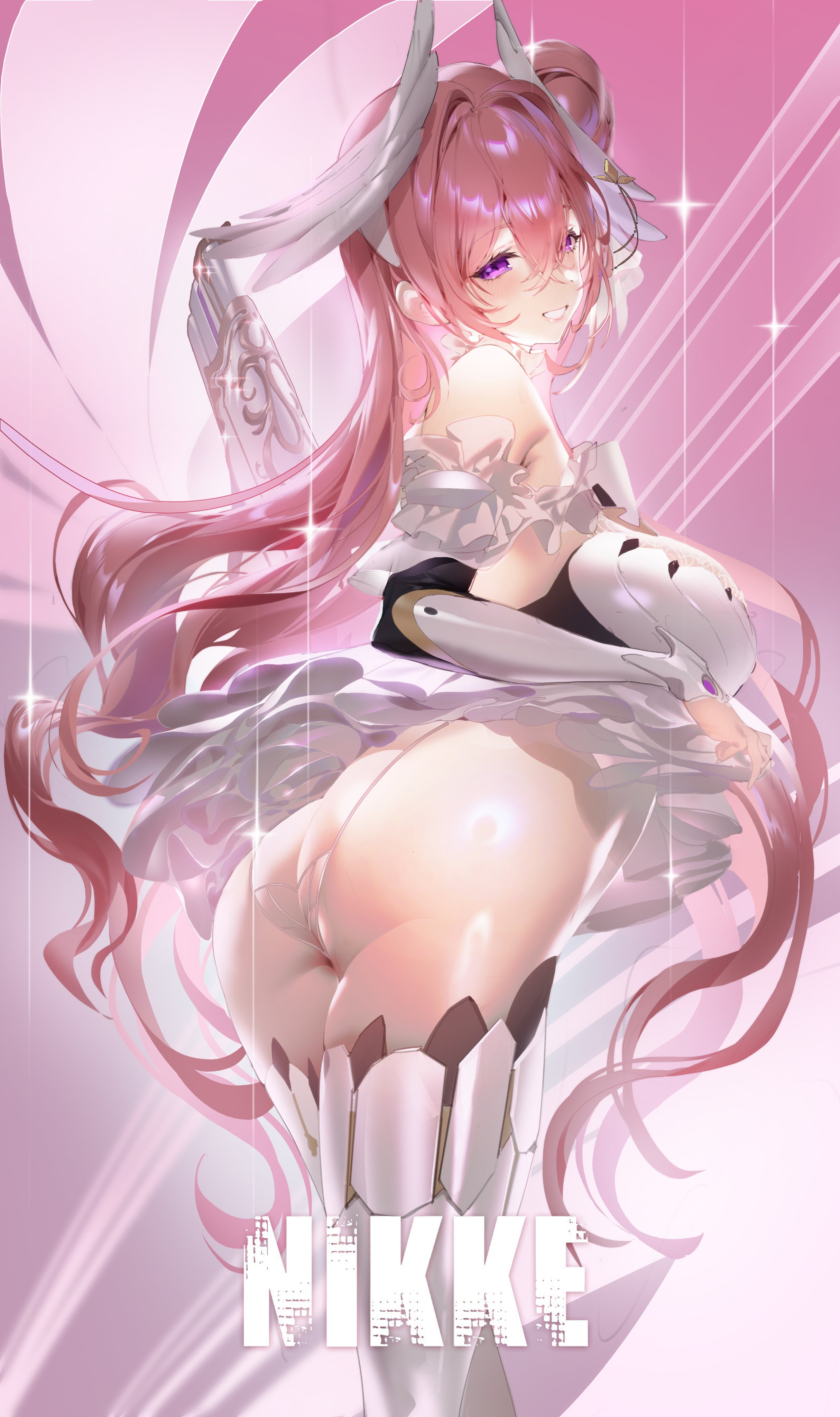 absurdres, armor, armored dress, ass, ass focus, bare shoulders, blush, bracer, breasts, clothes lift, copyright name, detached sleeves, dorothy (nikke), dress, feet out of frame, female, frilled dress, frills, from behind, goddess of victory: nikke, grin, gun, hair bun, hair intakes, headgear, highres, holding, holding gun, holding weapon, large breasts, leg armor, long hair, looking at viewer, looking back, nicholas f, official style, panties, pink hair, pink theme, purple eyes, see-through, see-through panties, single hair bun, single side bun, skirt, skirt lift, smile, solo, underwear, weapon, wedgie, white dress, white panties