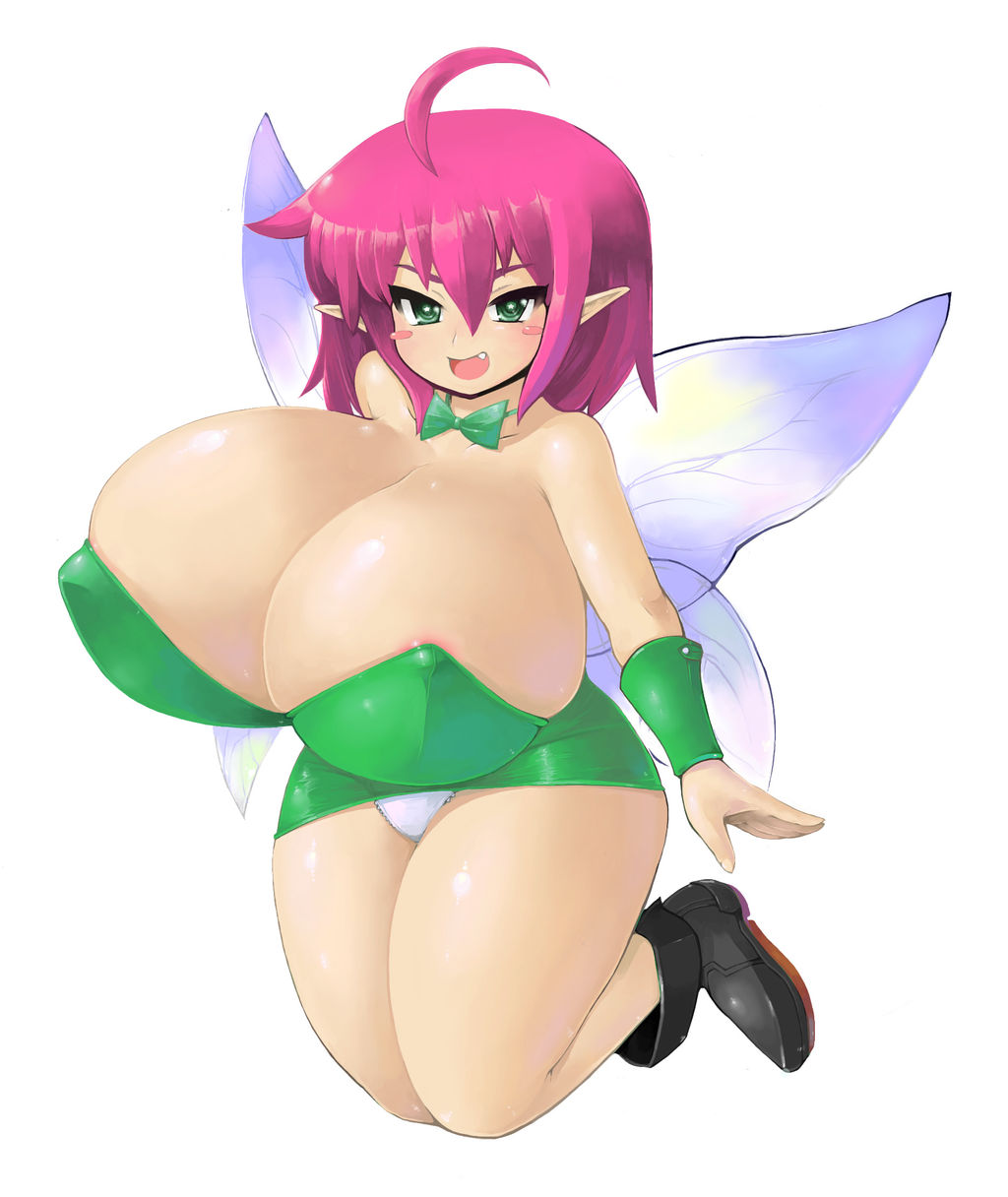 ahoge areola_slip bare_shoulders breasts breasts_bigger_than_head copyright_request fairy fairy_wings female female_focus gigantic_breasts green_eyes highres open_mouth oukadan panties pantyshot pointy_ears purple_hair ribbon shoes simple_background solo thighs underwear upskirt white_background white_panties wings