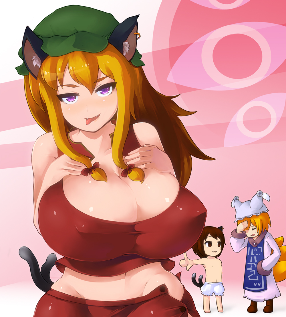 3girls animal_ears blonde_hair blush breasts brown_eyes brown_hair cat_ears chen chen_(cosplay) cleavage cosplay covered_erect_nipples female female_only groin hat huge_breasts looking_at_viewer multiple_girls navel oerba_yun_fang oukadan purple_eyes ran_yakumo saliva tail tongue touhou yakumo_ran yakumo_yukari yukari_yakumo