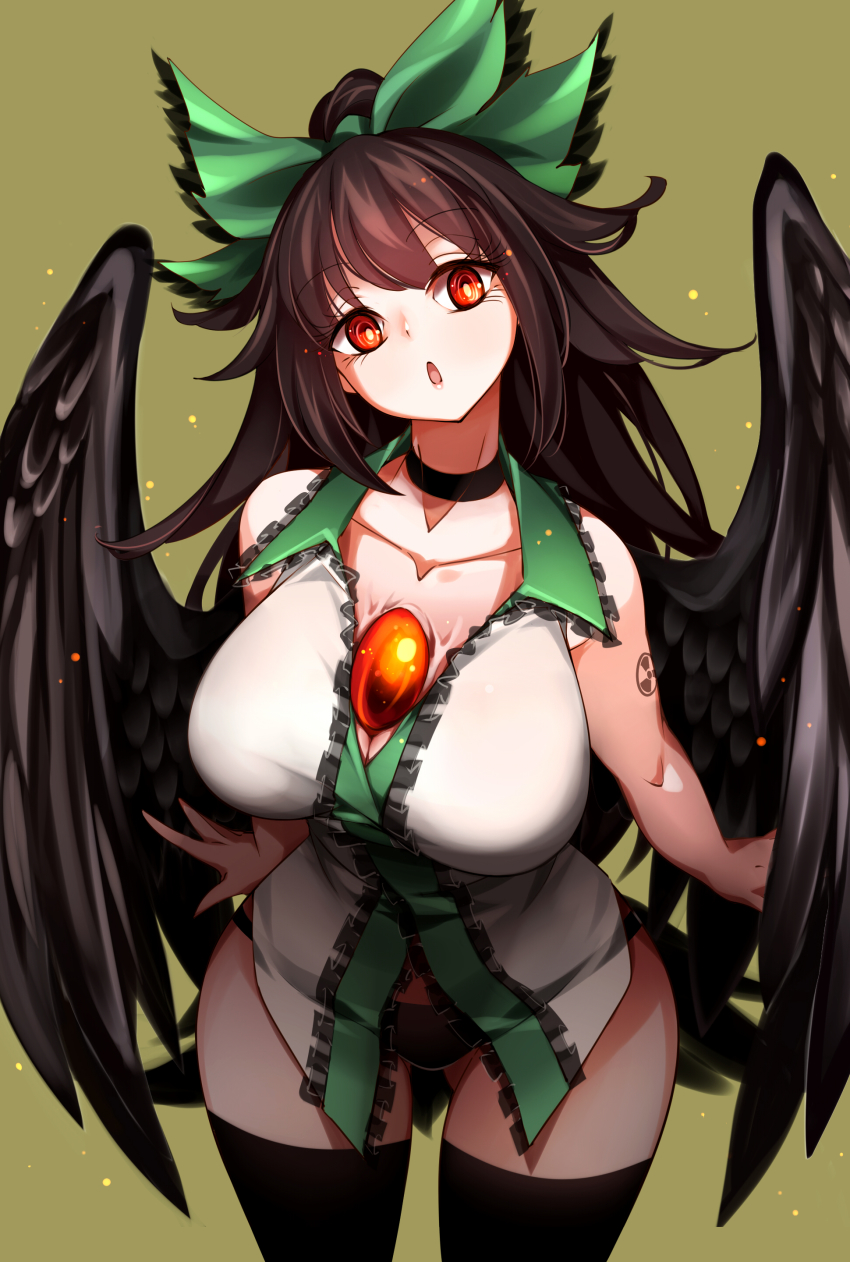 1girls :o absurdres bare_arms black_choker black_hair black_panties black_wings bow breasts bright_pupils brown_hair cape choker collarbone cowboy_shot female female_only gluteal_fold green_background green_bow hairbow head_tilt highres large_breasts light-skinned_female light_skin long_hair looking_at_viewer no_pants open_mouth panties ponytail radiation_symbol raptor7 red_eyes reiuji_utsuho shirt simple_background sleeveless sleeveless_shirt solo thighhighs third_eye touhou underwear utsuho_reiuji white_shirt wings