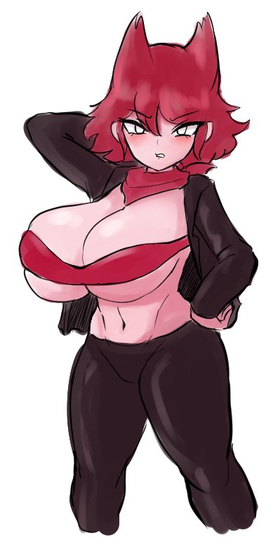 big breasts, black jacket, blush, bra, breasts, cassandra (newgrounds), dracoarcto, female, friday night funkin, looking at viewer, pico's school, red hair, scarf