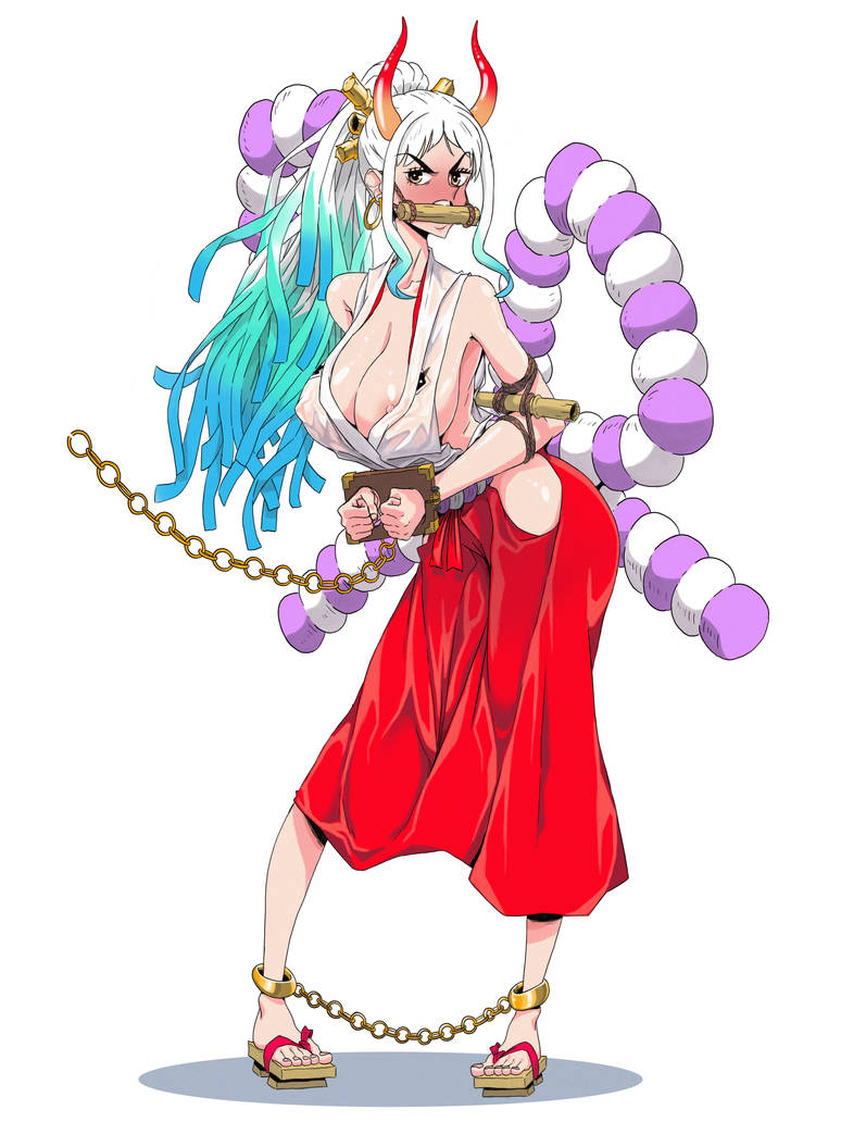 1girls, artist request, big breasts, bit gag, blush, bondage, breasts, chains, female, female only, gag, gradient hair, handcuffs, horns, one piece, shackles, sideboob, two-tone hair, white hair, white-haired female, yamato (one piece)