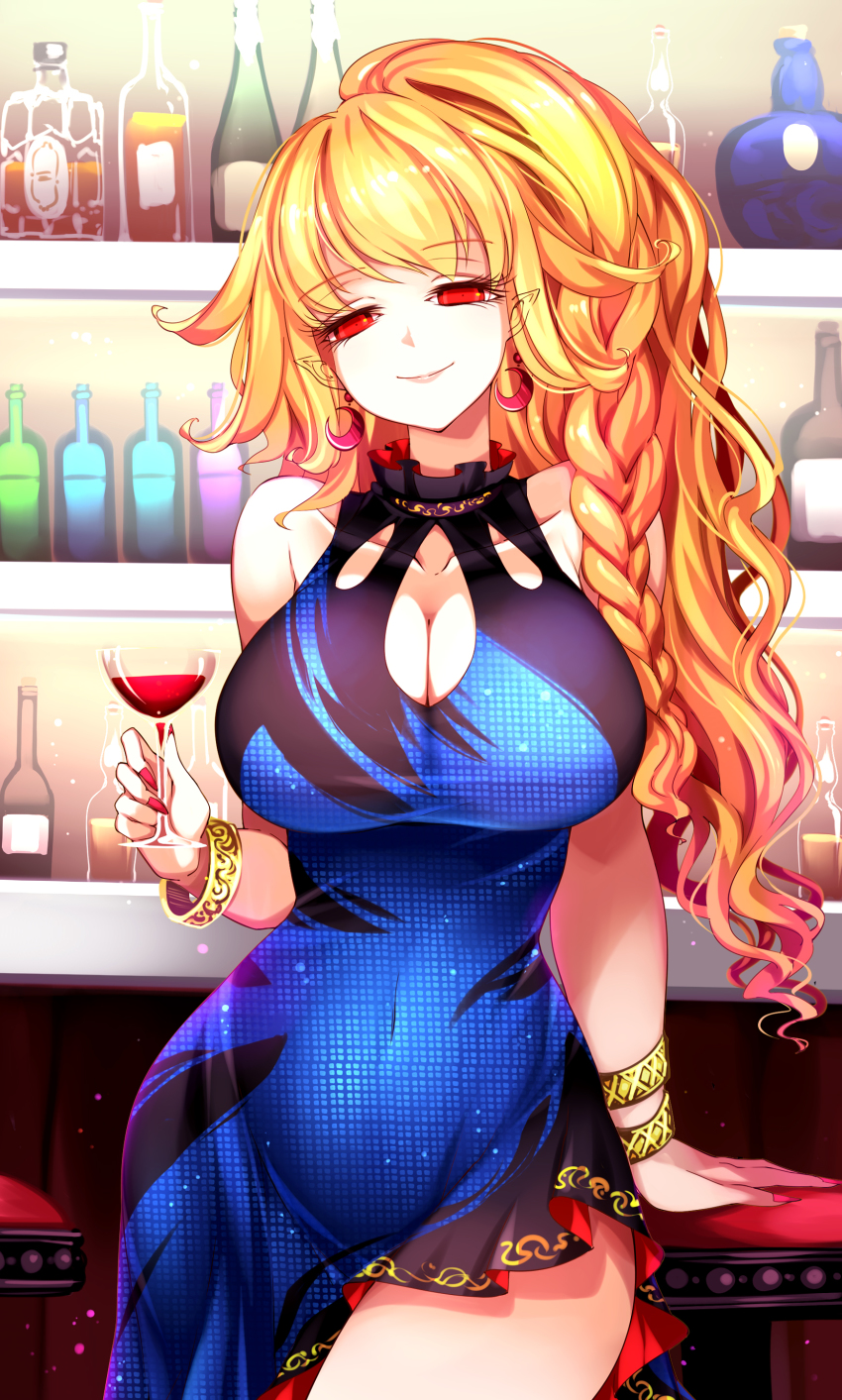 absurdres alcohol alternate_costume blonde_hair bottle braid breasts cleavage cleavage_cutout clothing_cutout collarbone covered_navel cup drinking_glass female glass_bottle hand_on_table highres junko_(touhou) large_breasts leaning_back long_hair looking_at_viewer orange_hair pointy_ears raptor7 red_eyes single_braid sitting solo table thighs touhou touhou_lost_word whiskey wine wine_glass