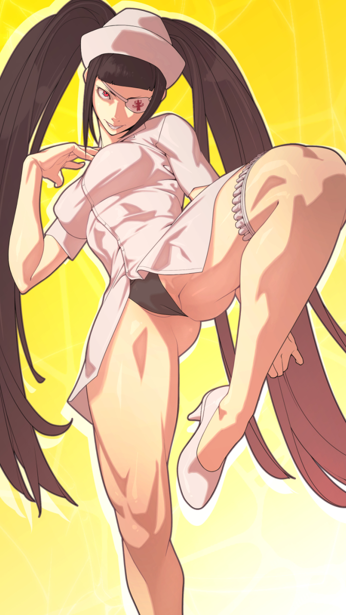 1girls, ass, black panties, cameltoe, eyepatch, female, high heels, juri han, muscular, muscular thighs, nurse uniform, one leg up, panties, partially visible vulva, pussy, shirt, solo female, street fighter, thigh strap, tomoyuki kotani, toned, toned female, twintails