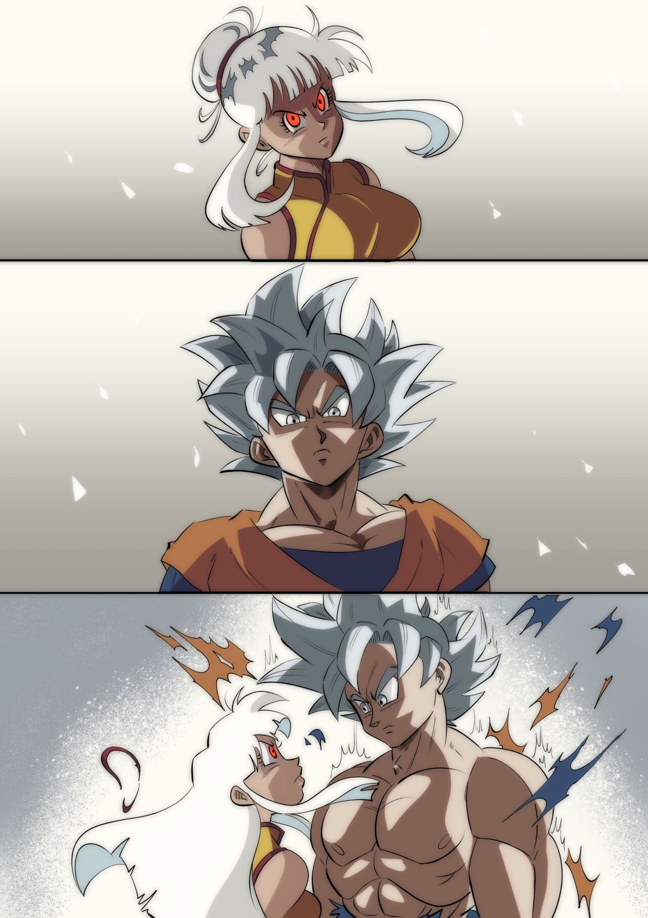 beast beast_mode chichi chichi_beast color comic dragon_ball dragon_ball_super face_to_face funsexydragonball long_hair mastered_ultra_instinct muscular_male power_sex red_eyes saiyan short_hair silver_eyes silver_hair son_goku superpowered_sex ultra_instinct white_hair